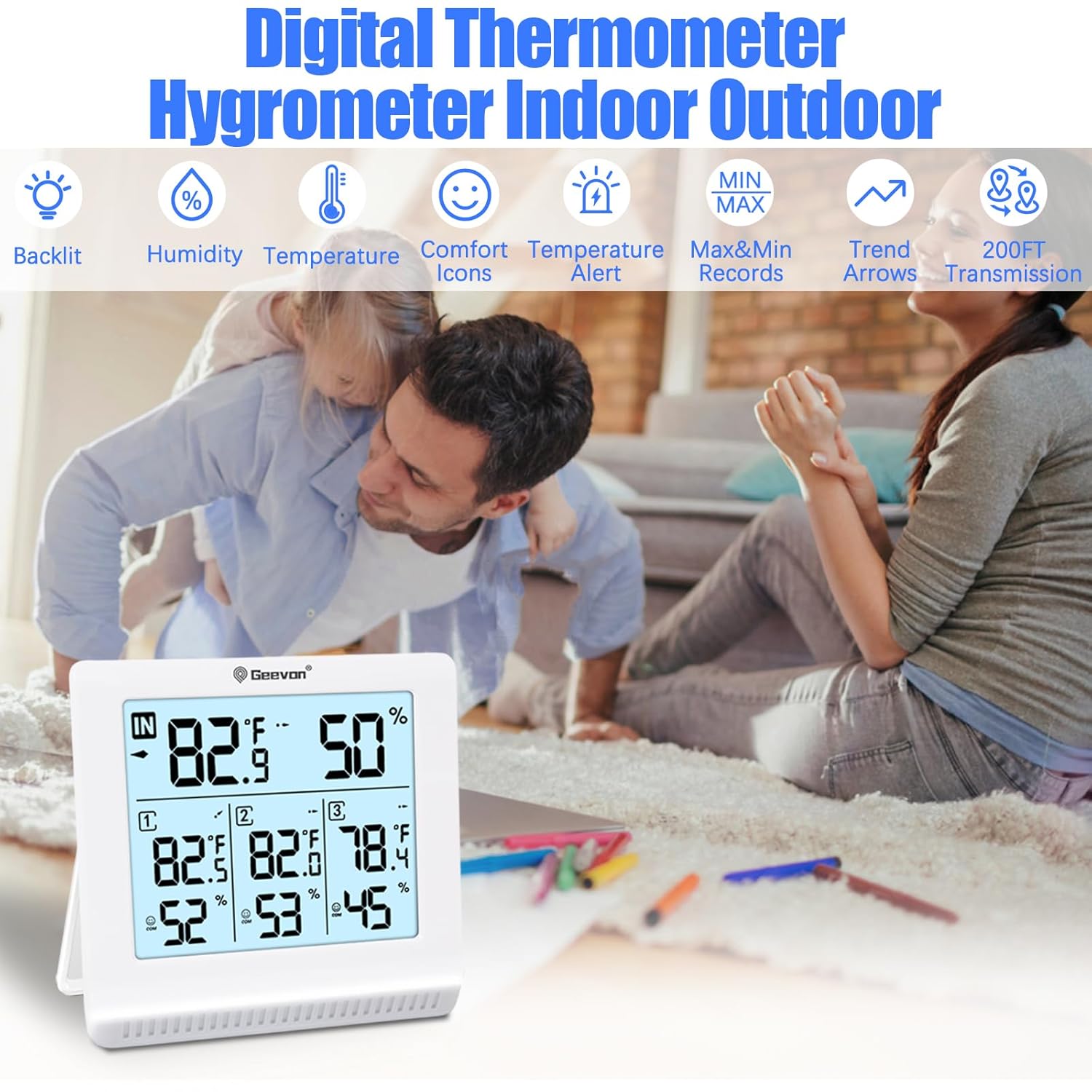 Geevon Termómetro inalámbrico para interiores y exteriores con 3 sensores remotos, termómetro higrómetro digital, medidor de temperatura y monitor