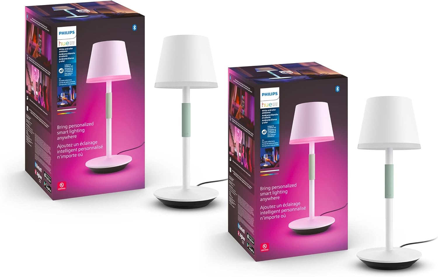 Philips Hue Go – Lámpara de mesa portátil de 2unidades para uso en interiores y exteriores, ambiente blanco y de color, compatible con Alexa, Apple