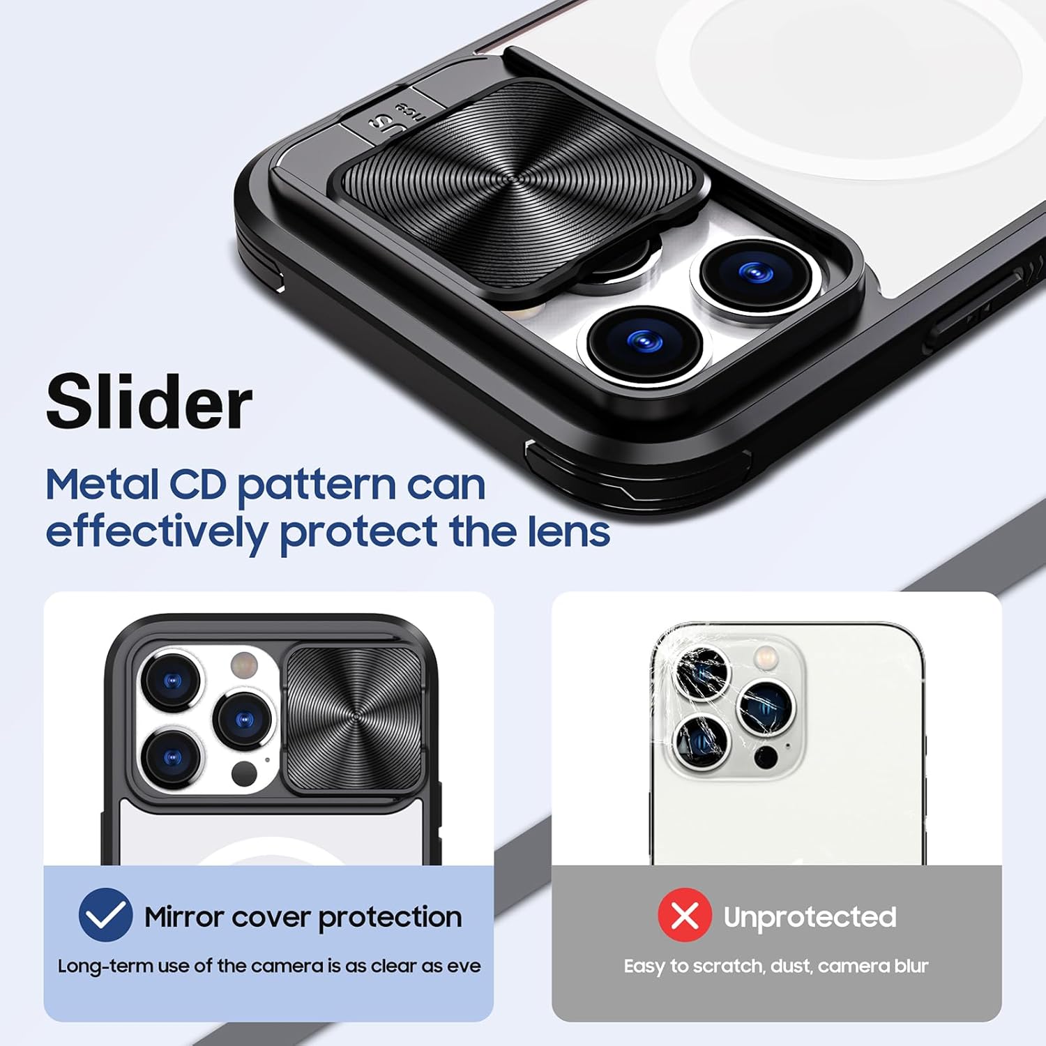 Funda transparente para iPhone 15 Pro con cubierta de lente de cámara deslizante, compatible con MagSafe, antideslizante, delgada, magnética, a