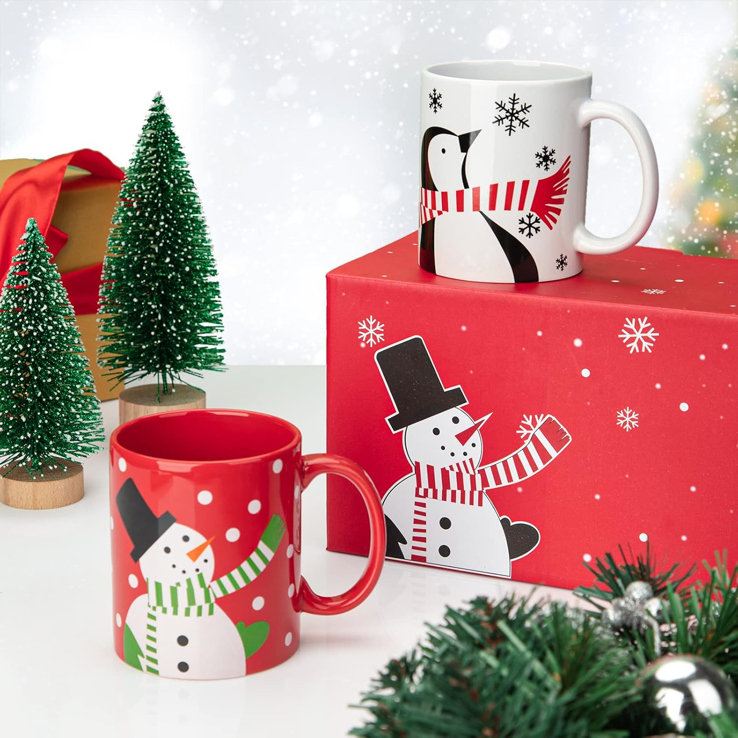 2 tazas de cerámica de Navidad, regalos de primera calidad, tazas rojas y blancas de 12 onzas con asa, aptas para microondas para café, té, cacao,
