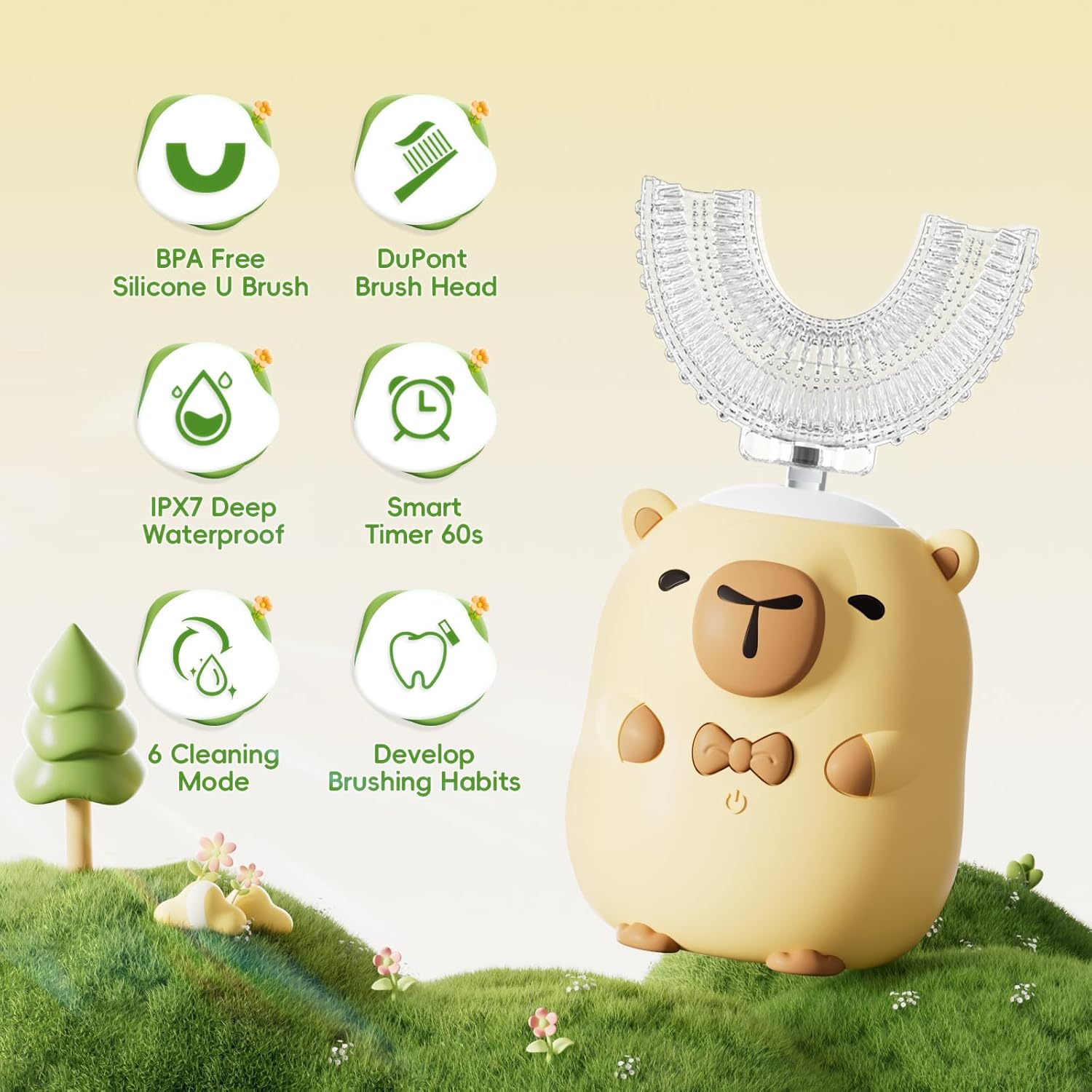 Cepillo de dientes eléctrico para niños en forma de U  Capybara de dibujos animados con 6 cabezales de cepillo, limpieza de grado completo, cepillo
