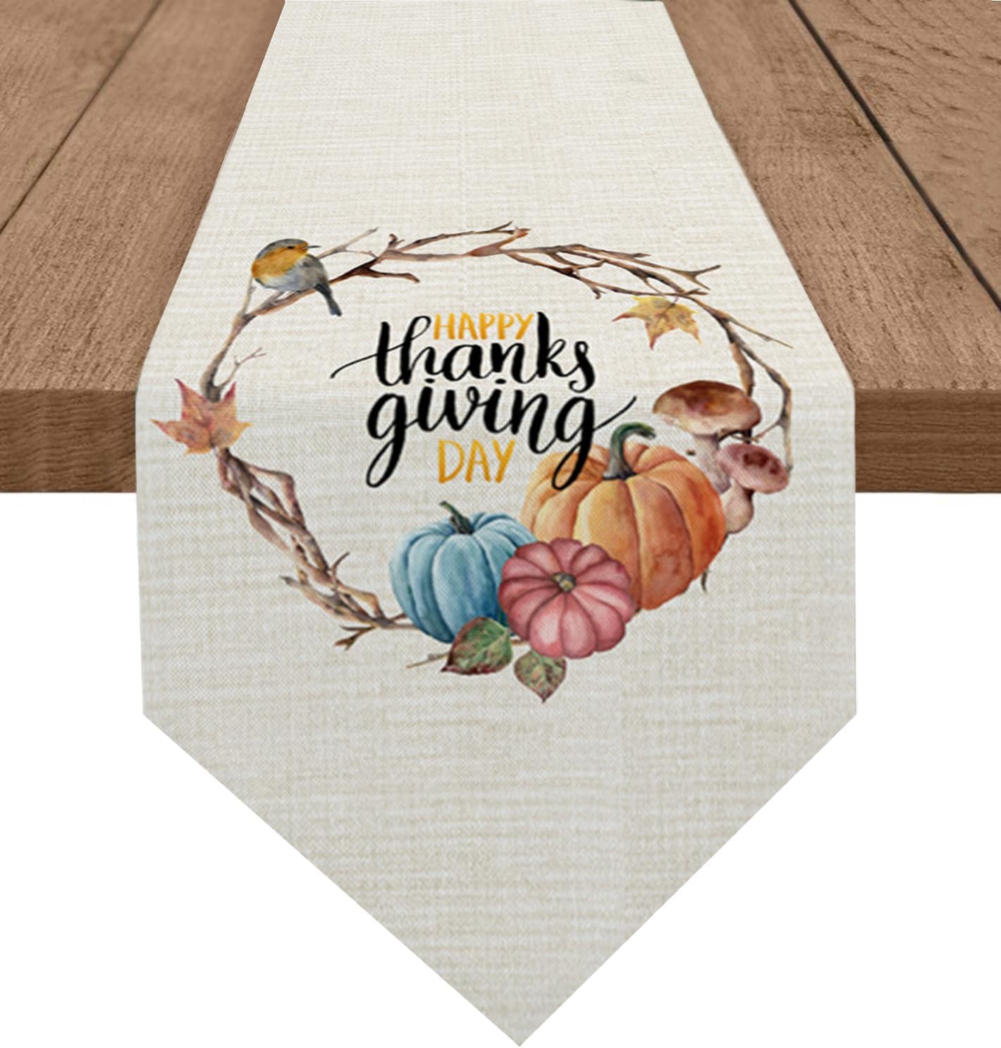 Camino de mesa para el día de Acción de Gracias, 13 x 36 pulgadas, pequeño mantel de lino y algodón, decoración de mesa de arpillera, bufandas de