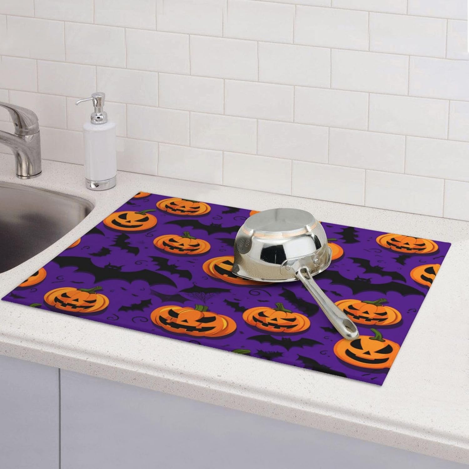 Tapete de secado de platos de calabaza de Halloween para encimera de cocina, tapete reversible de 18 x 24 pulgadas, absorbente y de secado rápido