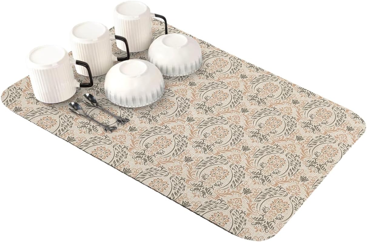 Tapete de secado de platos con patrón étnico gris beige para encimera de cocina, súper absorbente, de secado rápido, tapete delgado para fregadero