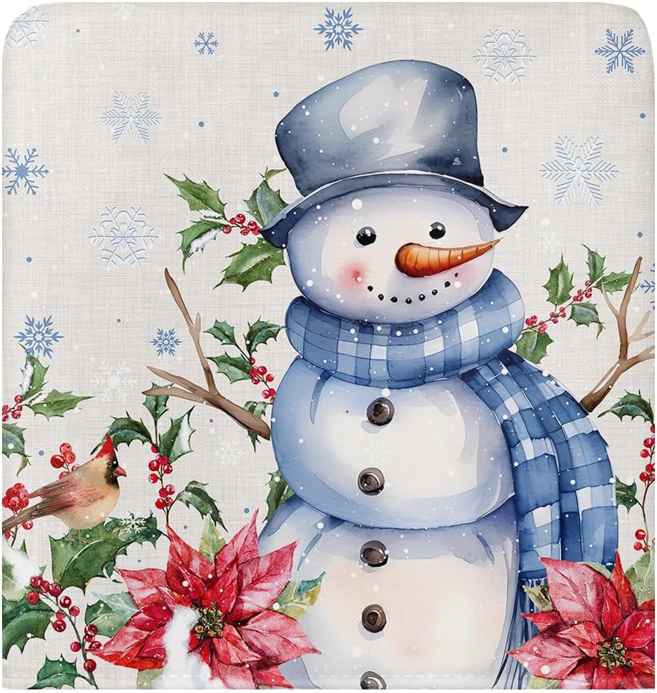 Paquete de 4 fundas de respaldo de silla de Navidad con muñeco de nieve azul para sillas de comedor, fundas extraíbles lavables para silla de