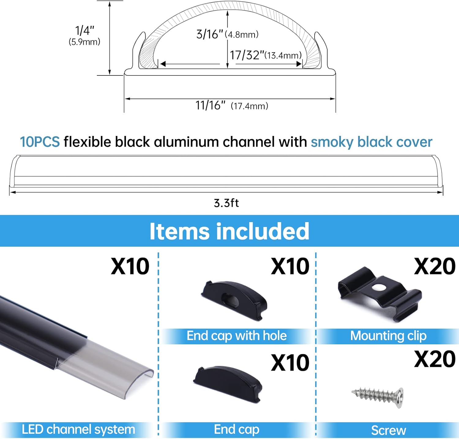 Muzata Paquete de 10 canales LED negros flexibles de 3.3 pies3.3 ft con lente de cubierta LED negra ahumada transparente, perfil de aluminio