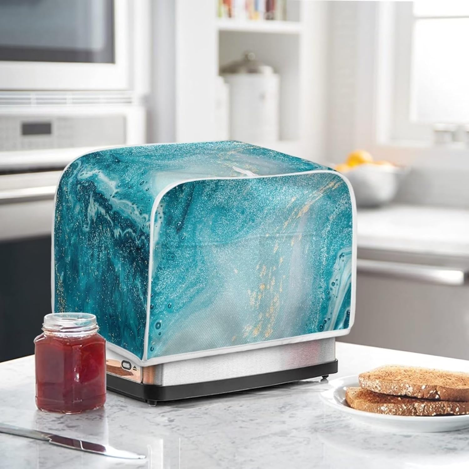 Cubierta antipolvo para tostadora con bolsillos, compatible con tostadora de 4 rebanadas, panificadora con estampado de mármol azul, accesorios para