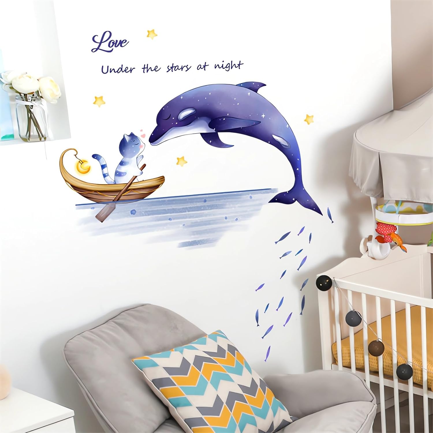sacinora – Calcomanías de pared con diseño de delfín y gatito, calcomanías de pared de animales marinos morados, extraíbles para niños, bebés,