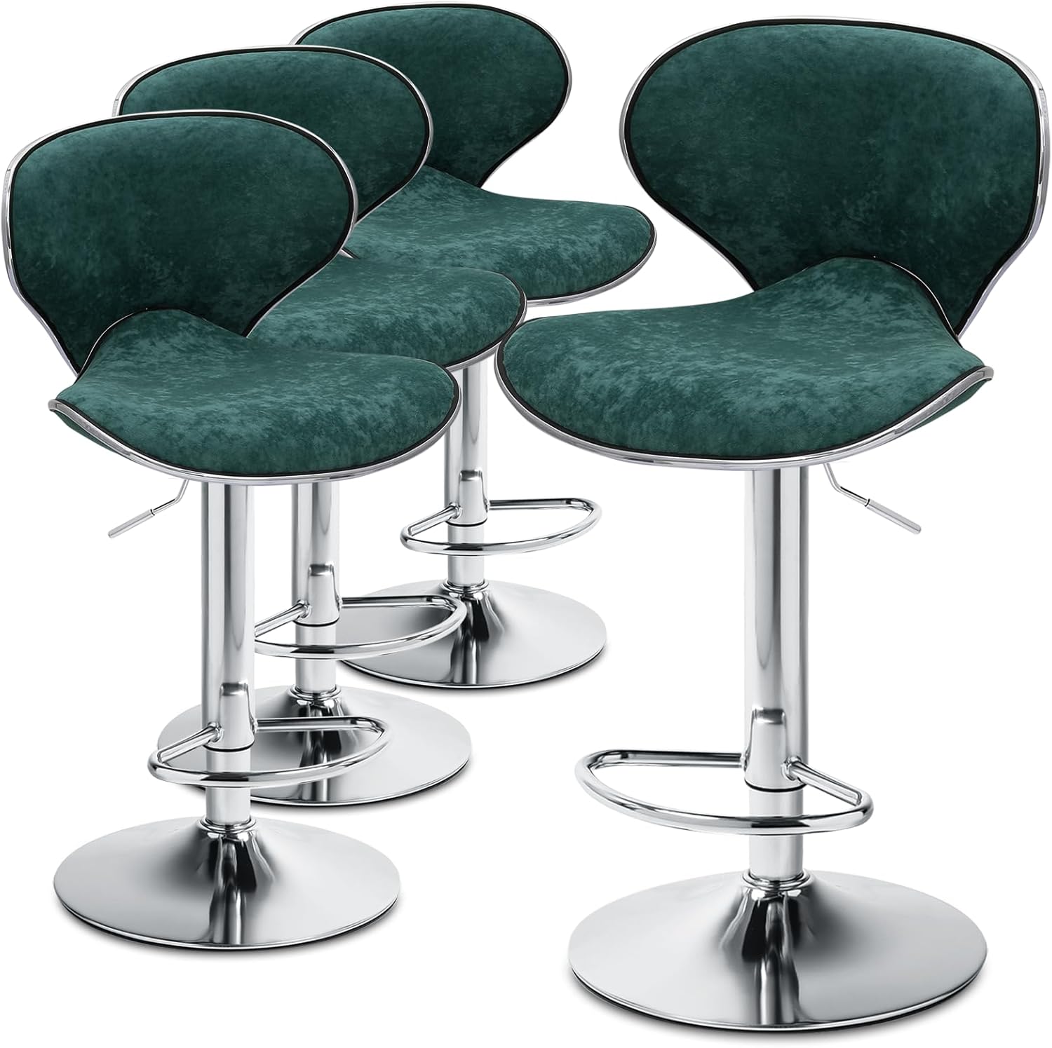 MoNiBloom Juego de 4 taburetes de bar de terciopelo verde, elegantes taburetes de bar de altura de mostrador con función giratoria, base de metal