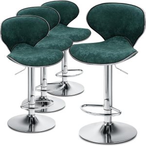 MoNiBloom Juego de 4 taburetes de bar de terciopelo verde, elegantes taburetes de bar de altura de mostrador con función giratoria, base de metal MoNiBloom Juego de 4 taburetes de bar de terciopelo verde, elegantes taburetes de bar de altura de mostrador con función giratoria, base de metal