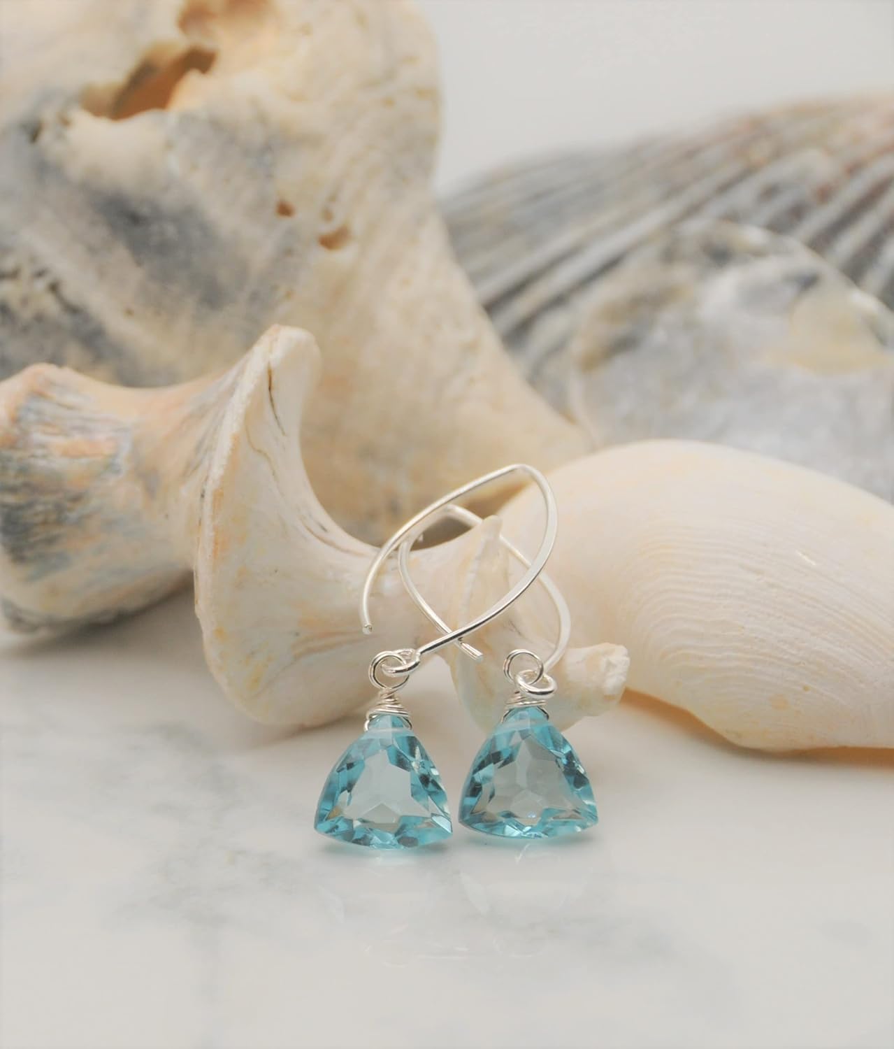 Handmade Dangle Earrings for Women – Aquamarine Blue Quartz Sterling Silver Earrings in Gift Box – Sparkly Blue Quartz Trillion – Lightweight
