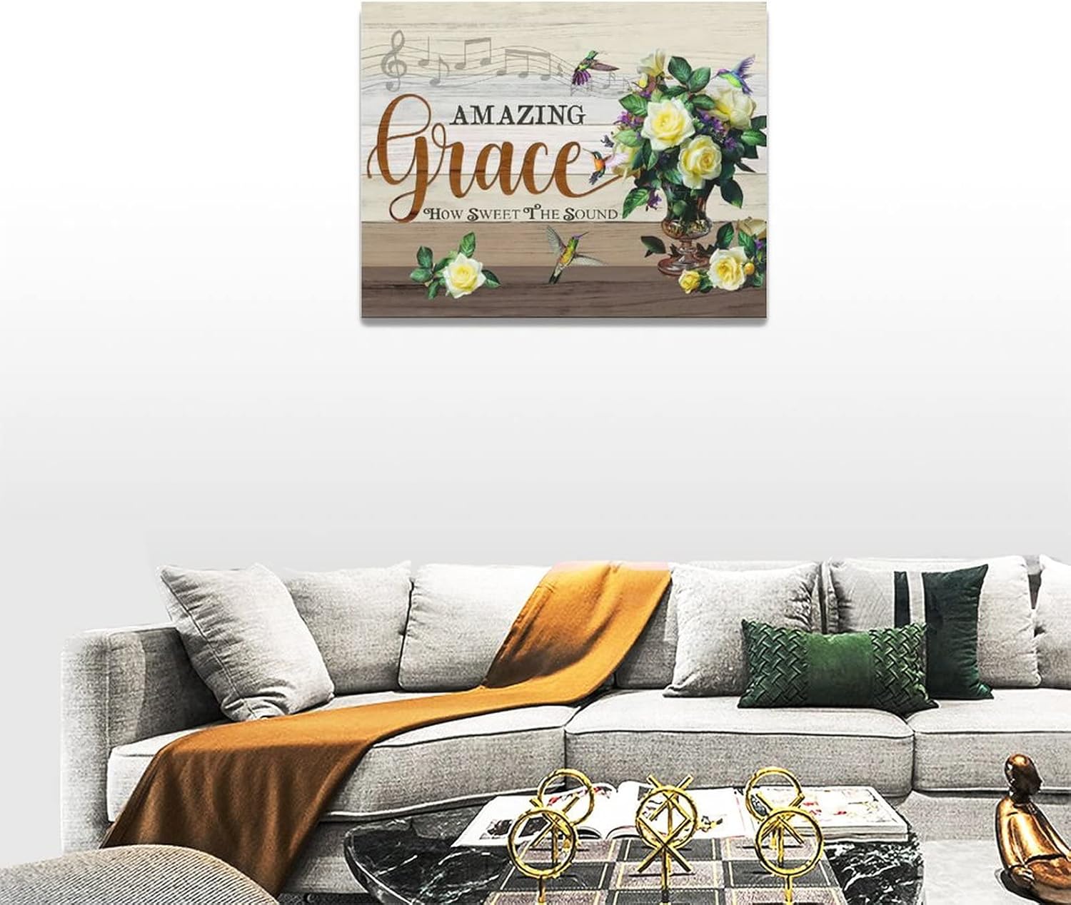 Decoración de pared floral de granja, flores rústicas de colibrí, arte de pared, pintura de gracia increíble, lienzo enmarcado para el hogar, baño,