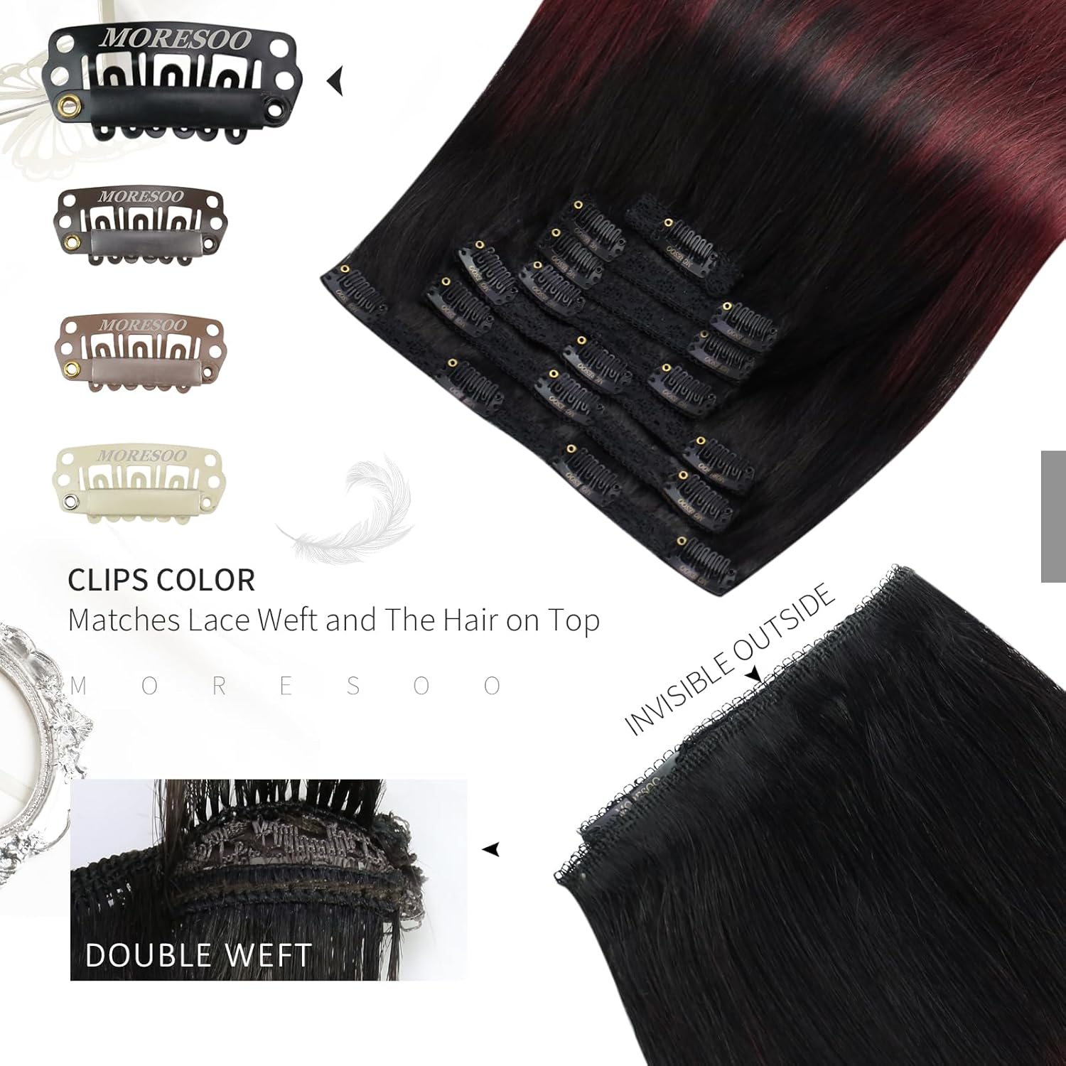 Moresoo Extensiones de cabello humano real con clip, balayage, color negro a vino tinto, extensiones de cabello humano con clip de doble trama, 7