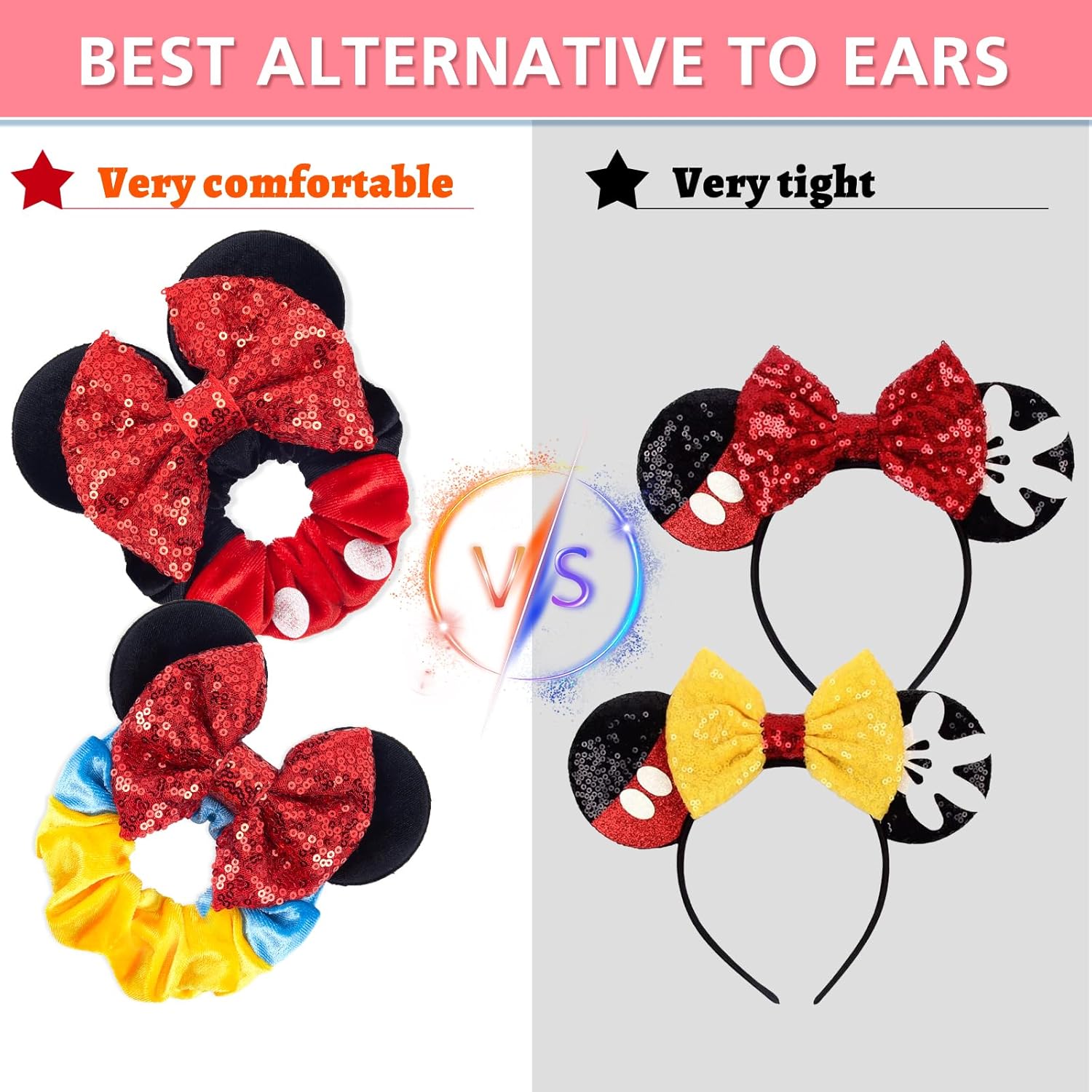 Akkya Bandas elásticas para orejas de ratón con lazo rojo para mujeres, niñas, niños y adultos, paquete de 2 cintas para el pelo de ratón de dibujos