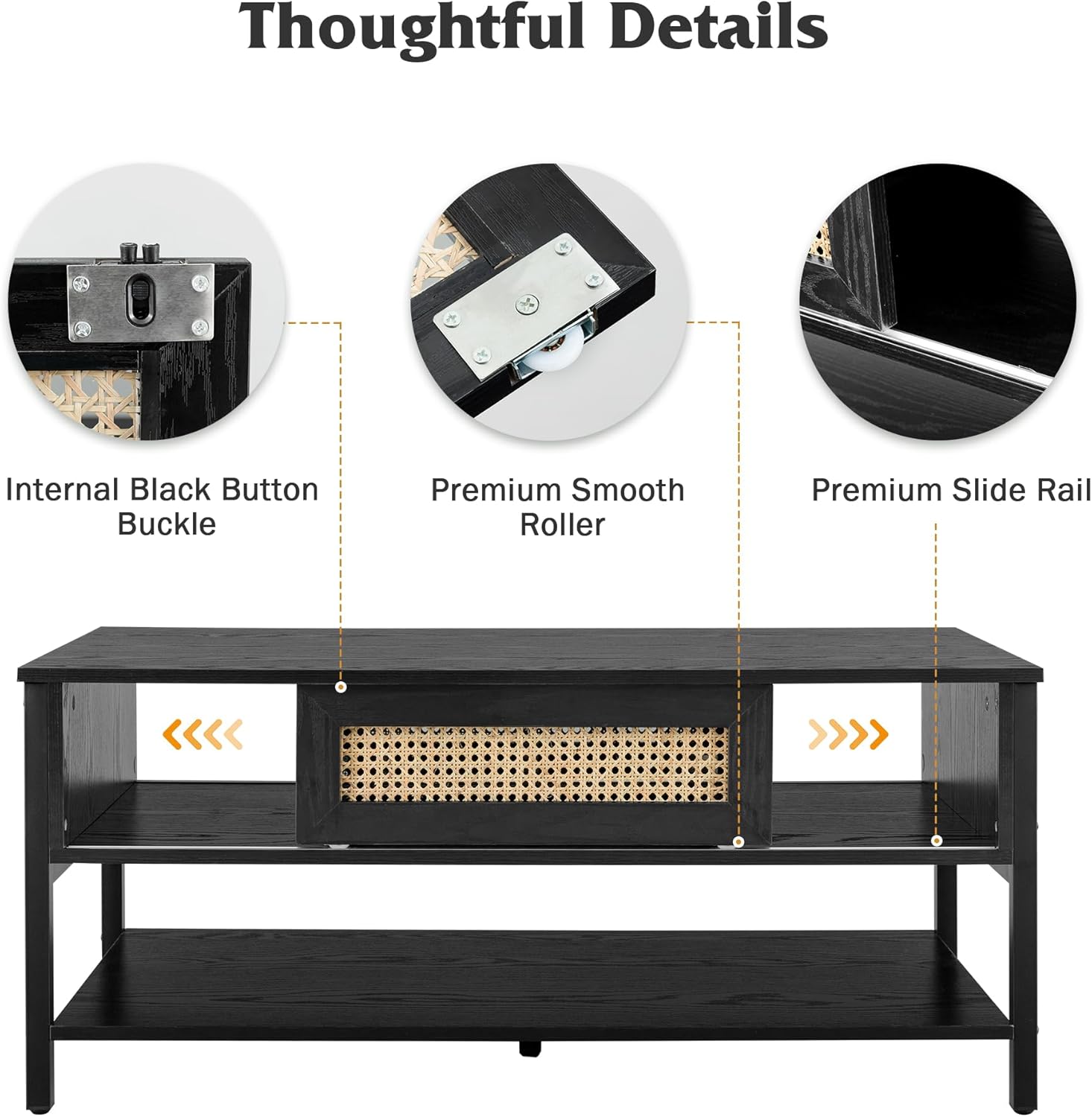 Mesa de centro con puertas correderas de ratán natural, mesa de centro moderna de mediados de siglo con almacenamiento, mesa de centro de madera