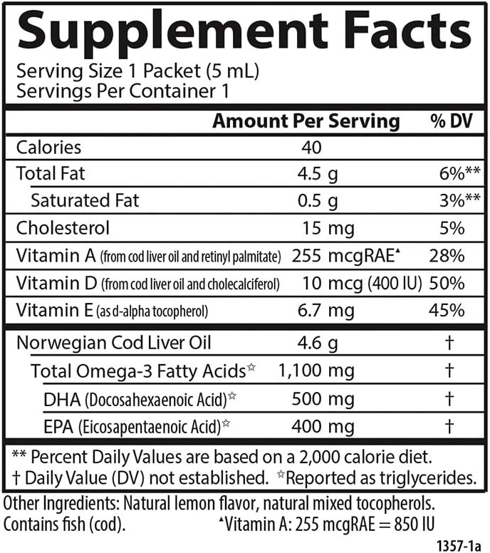 Carlson – Paquetes de aceite de hígado de bacalao Grab + Go, paquetes de viaje, Rip & Sip, de una sola porción, 1100 mg de omega-3, más vitaminas A