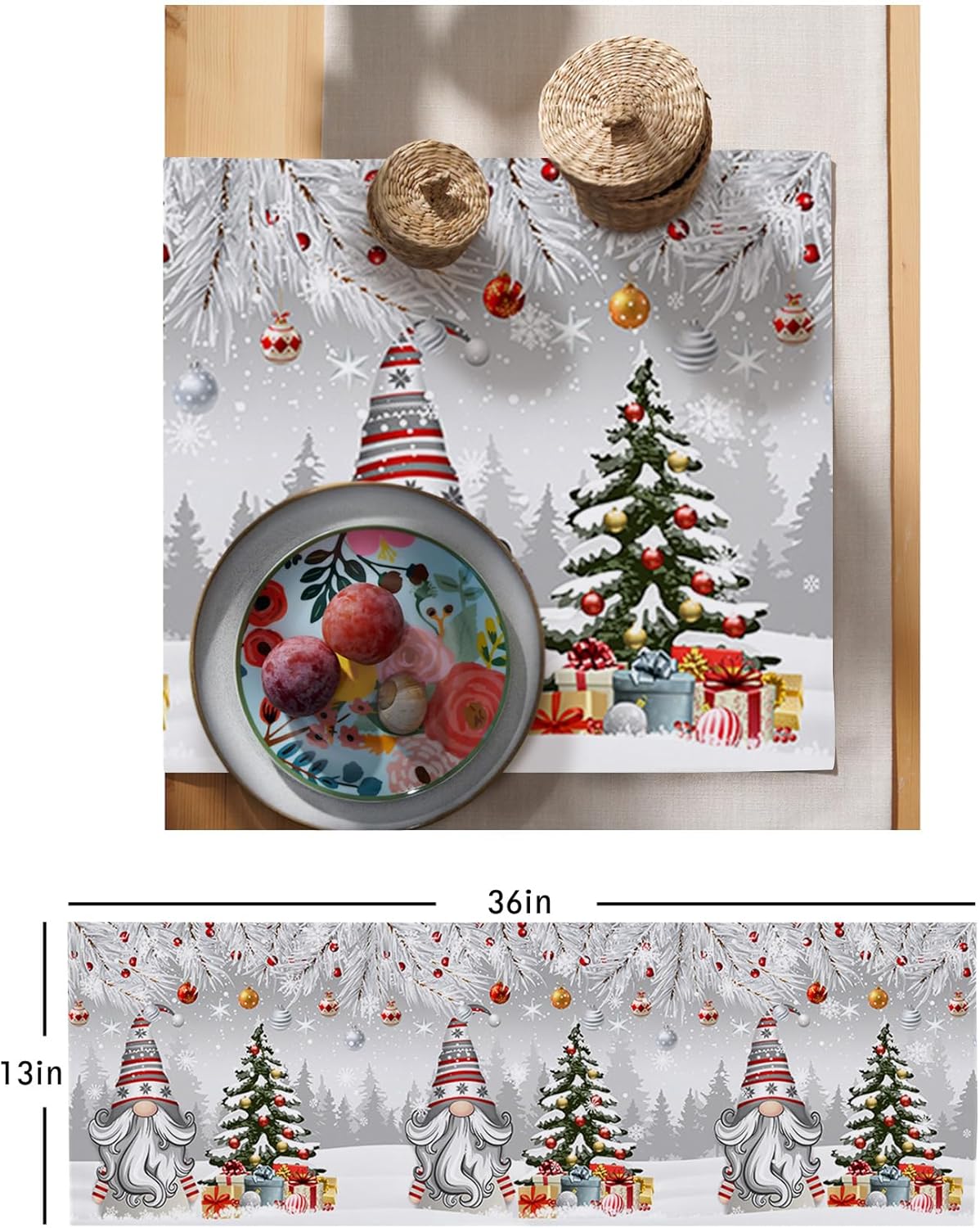 Camino de mesa corto de bolas de Navidad de 36 pulgadas, algodón y lino pequeño, cocina, comedor, mesa de café, decoración de tocador, camino de