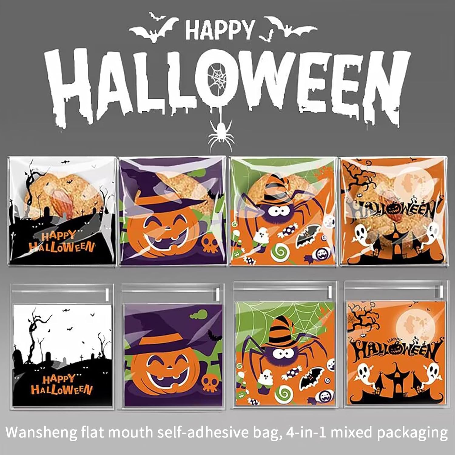 200 bolsas de celofán para dulces de Halloween, autoadhesivas, transparentes, bolsas de regalo para suministros de fiesta de Halloween (3.94 x 3.94