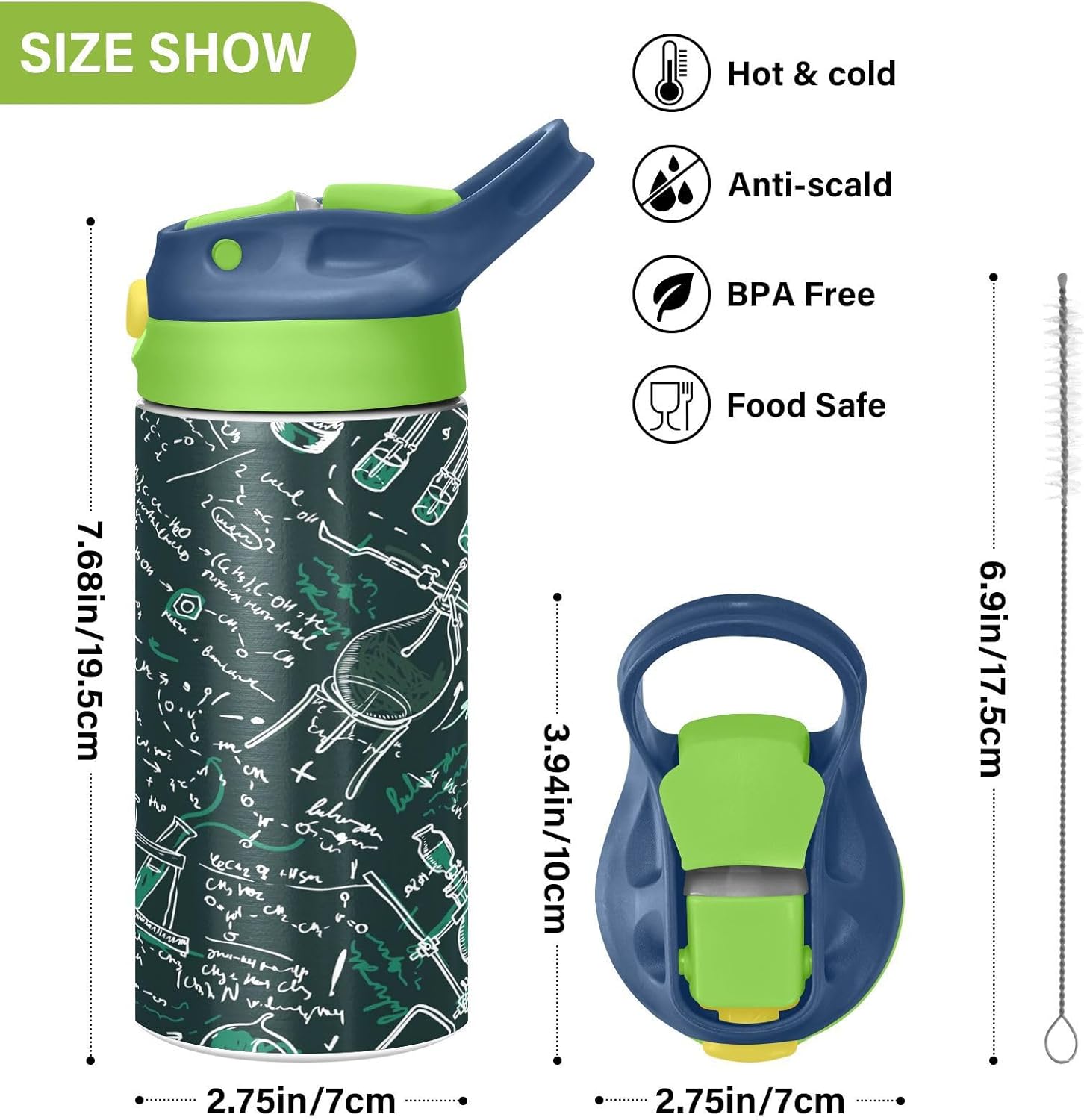ALAZA Old Chemistry Green – Botella de agua para niños de 12 onzas con pajilla, de acero inoxidable con aislamiento al vacío, vaso para niños y niñas