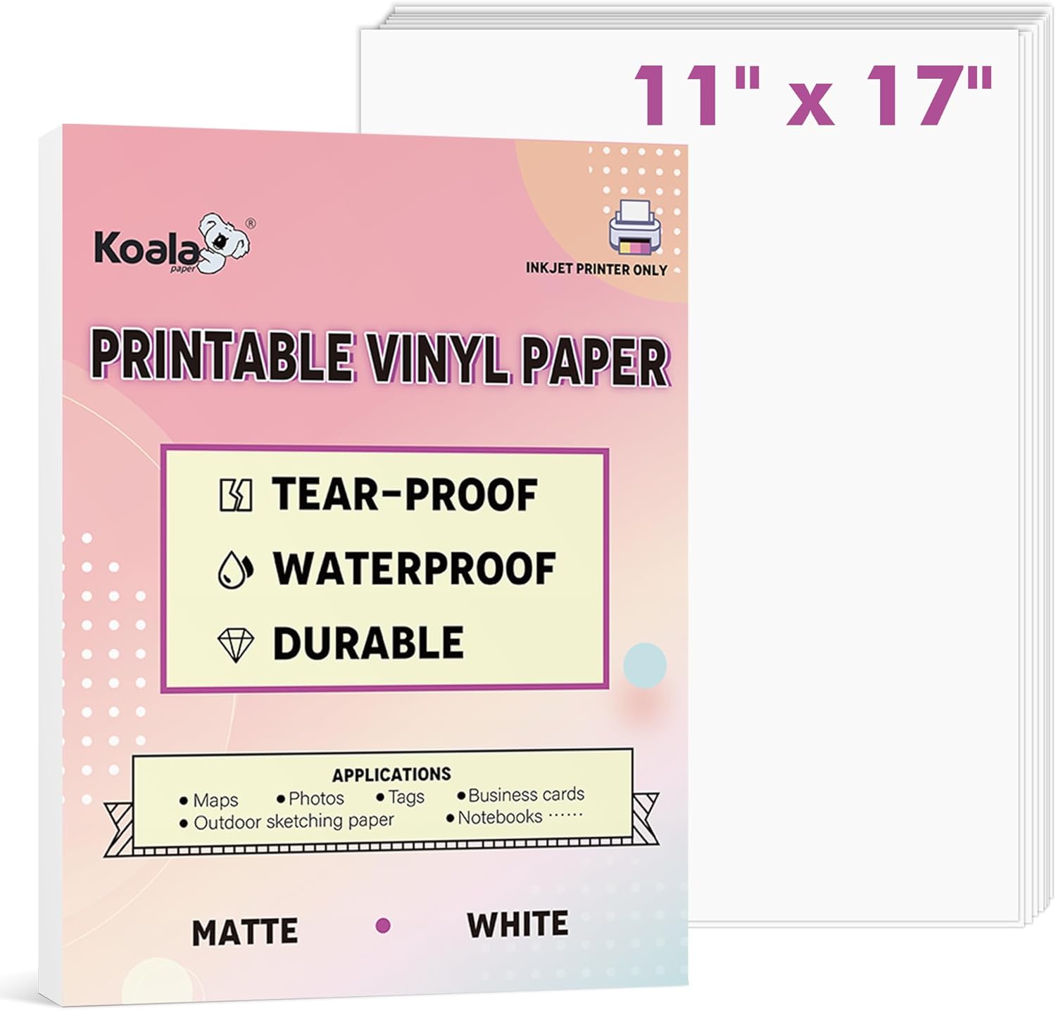KOALA PAPER Papel impermeable imprimible para impresora de inyección de tinta, 11 x 17 pulgadas, 30 hojas, papel de impresora de vinilo blanco mate,
