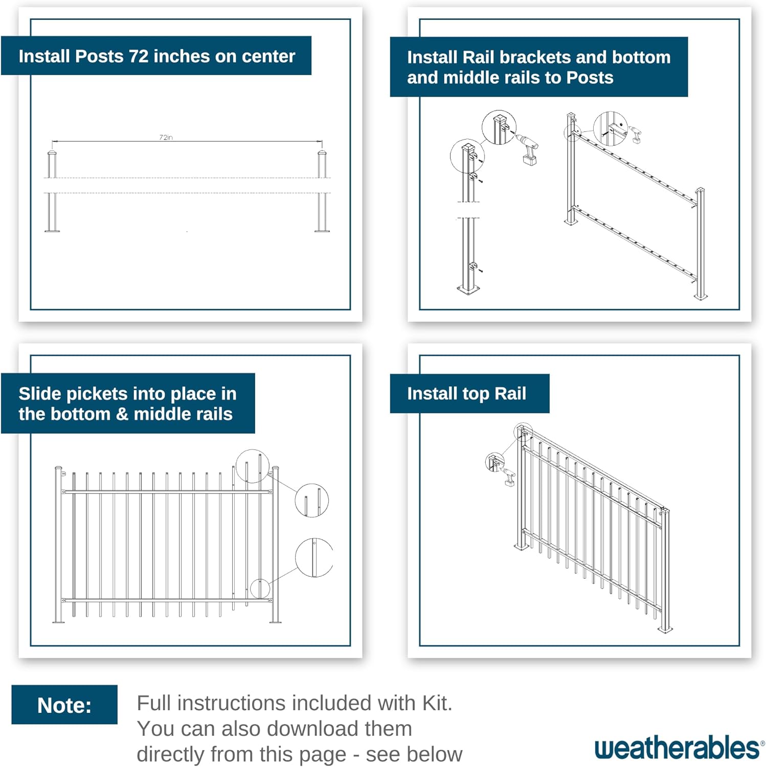 Weatherables Livingston Kit de valla de aluminio  Kit de bricolaje para cercado de patio trasero y jardín, fabricado con aluminio duradero con