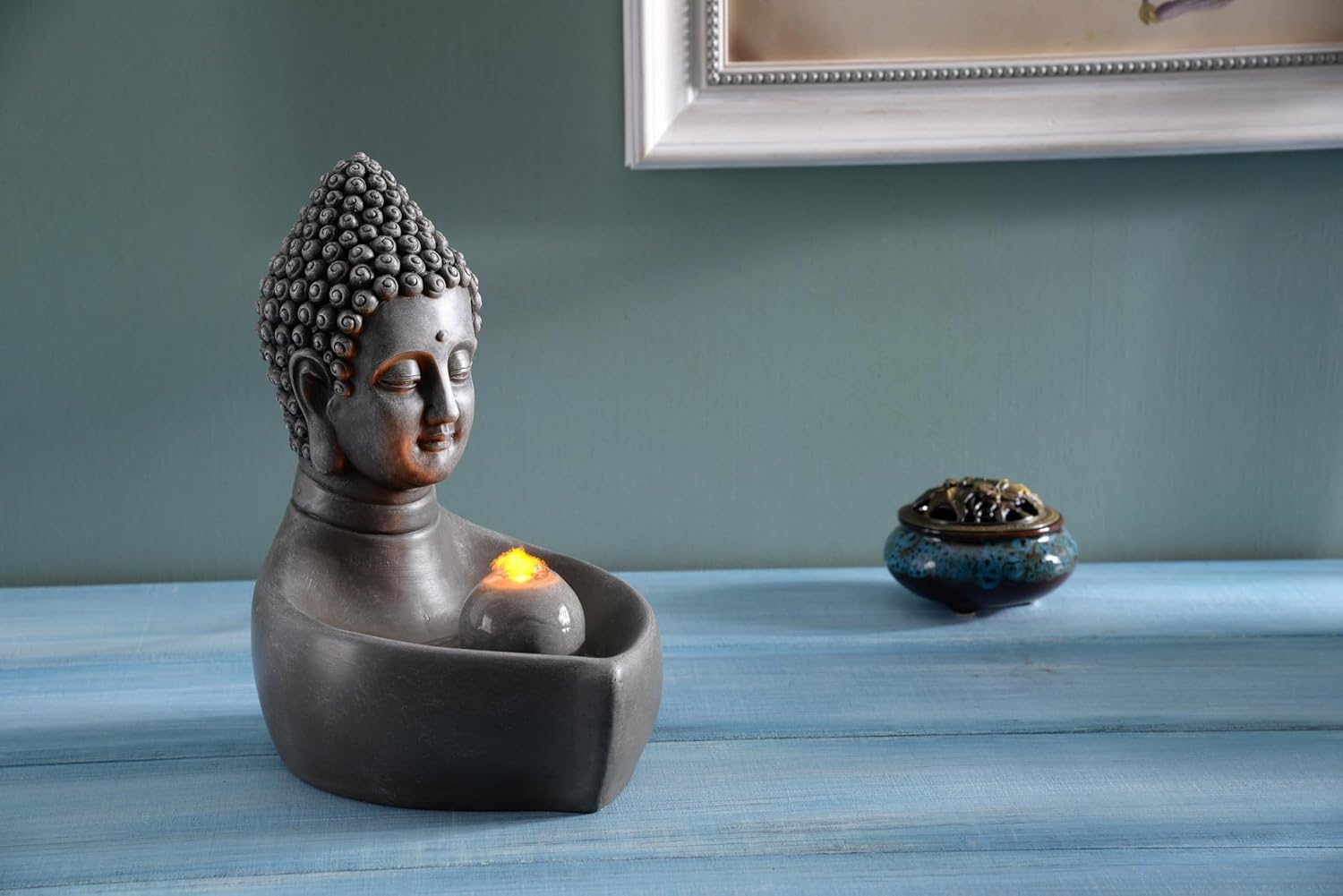 Fuente interior cascada de mesa Buda Fuente Zen Mini cascada para espacios interiores Luz LED cálida para decoración tranquila del hogar (23082)