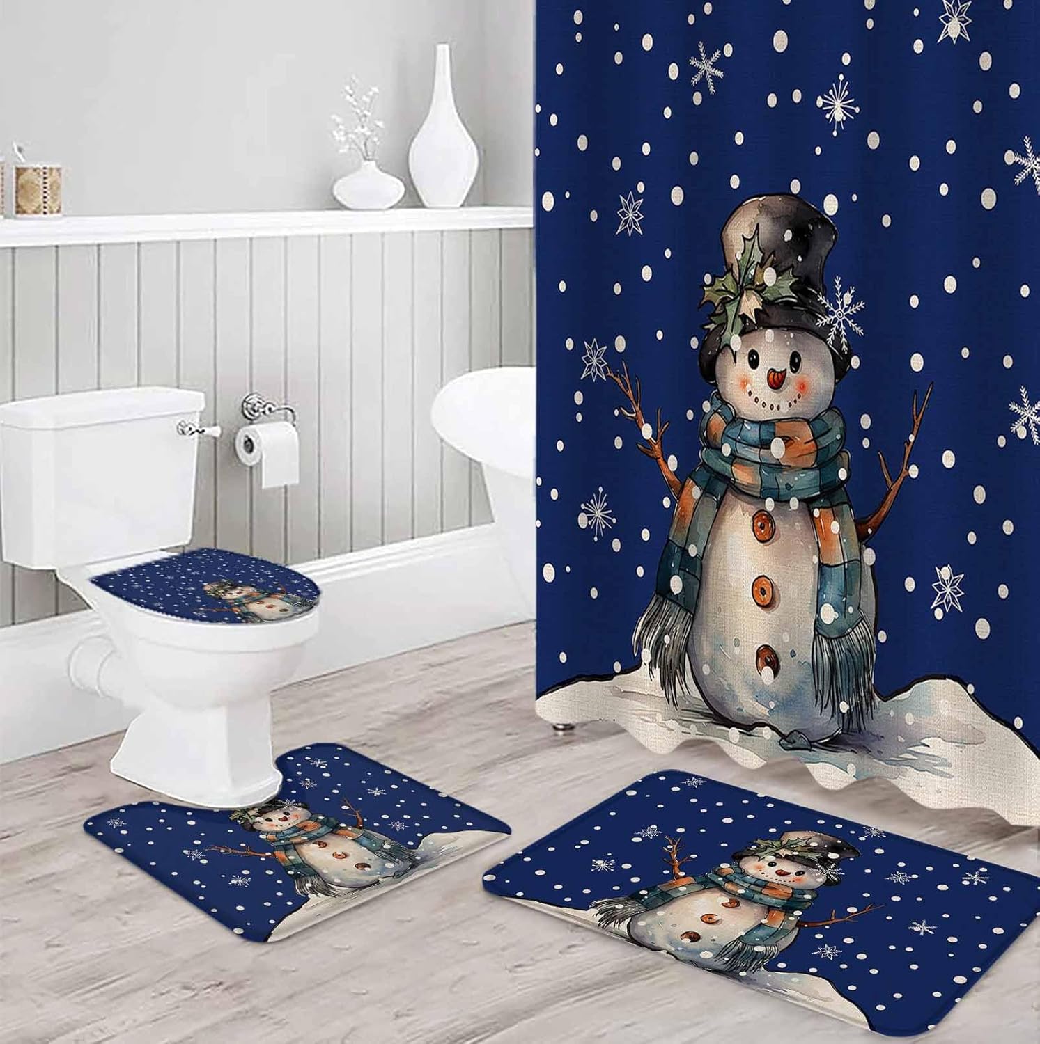4 Pcs Shower Curtain Set Bathroom Sets, 72″x72″ Absorbent Non-Slip Bathroom Rugs Bath Mat and Toilet Lid Cover, Christmas Snowman Snowflake Blue