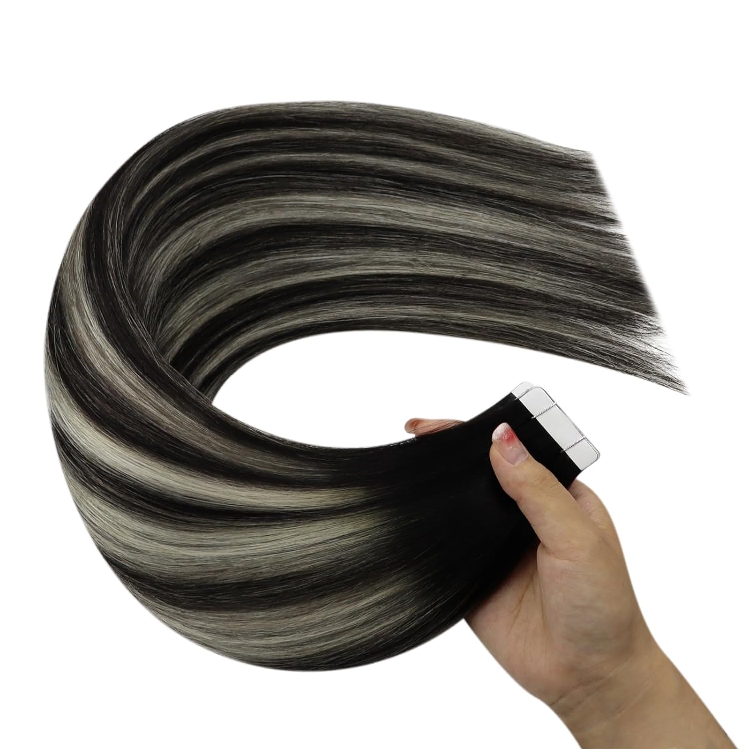 YoungSee Extensiones de cabello con cinta color negro, degradado, gris, plateado, balayage, extensiones de cabello humano real, color negro, sin