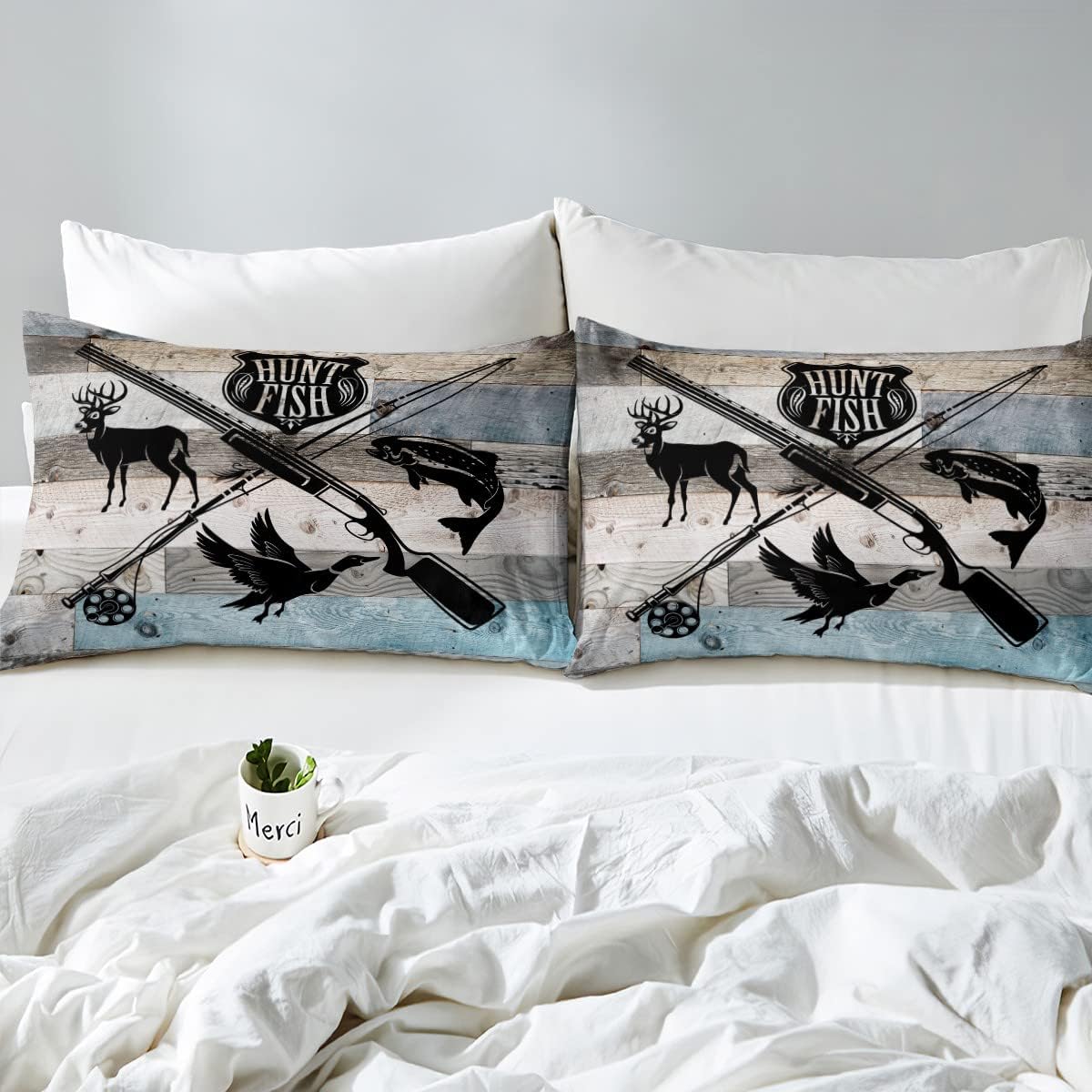 Castle Fairy Hunt Fish – Juego de ropa de cama tamaño Queen, juego de funda de edredón de caza de animales de ciervos, pájaros, animales para niños,