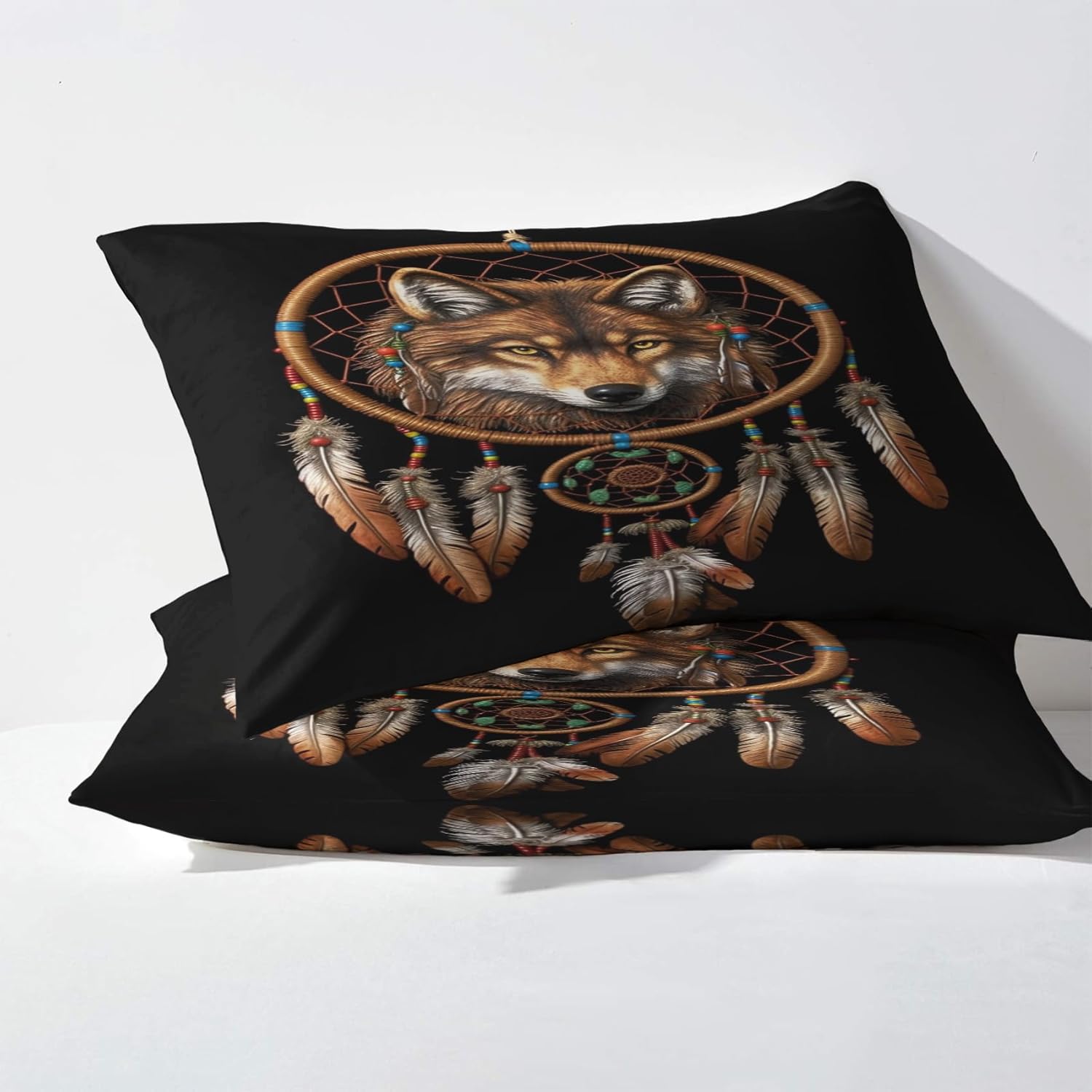 Funda de edredón de atrapasueños de lobo tamaño matrimonial  Juego de ropa de cama de nativos americanos  3 piezas  Funda de edredón con patrón de