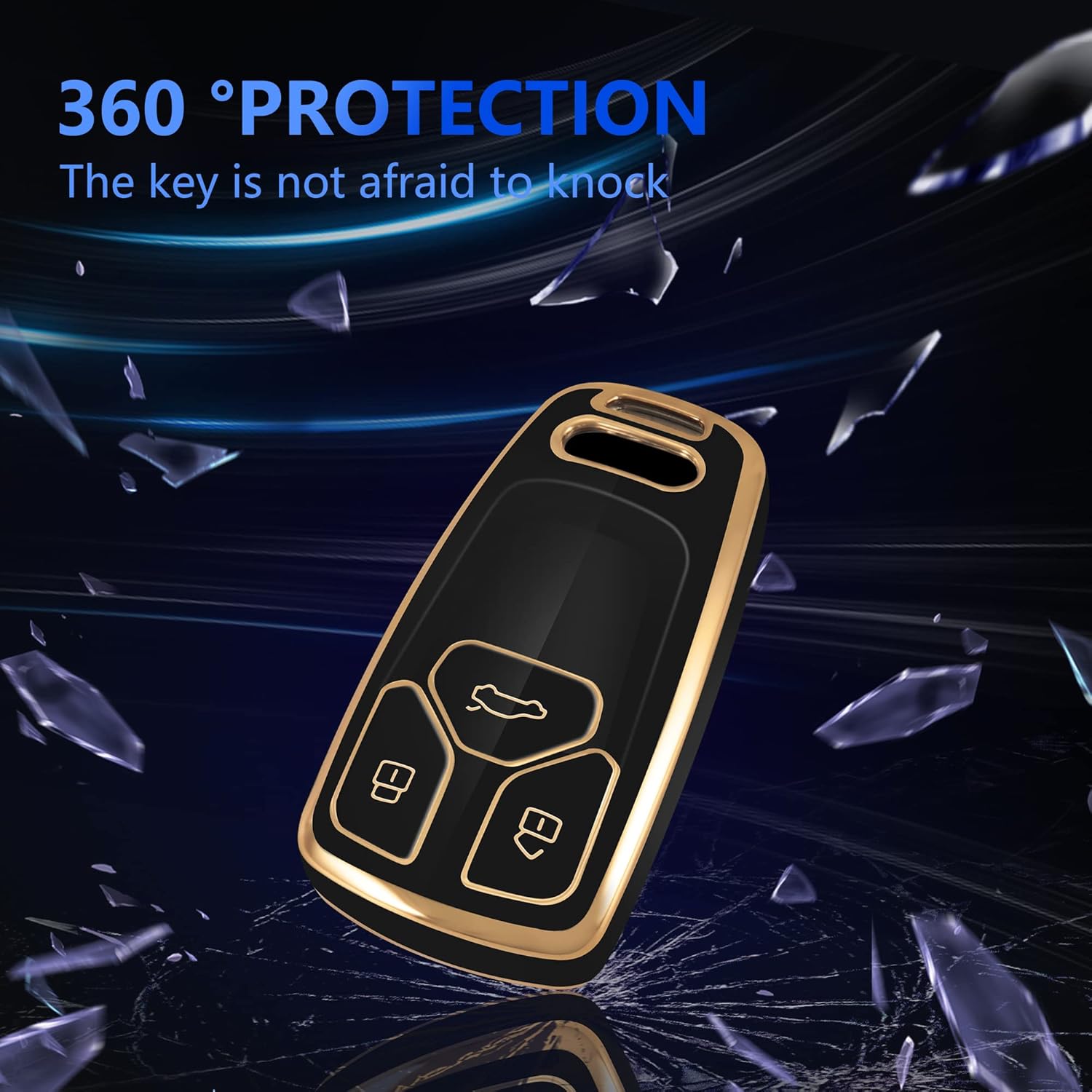 YHC Funda para llavero Audi, funda de llave de coche premium con llavero de moda compatible con Audi A4 Q7 Q5 TT A3 A6 SQ5 R8 S5 dorado