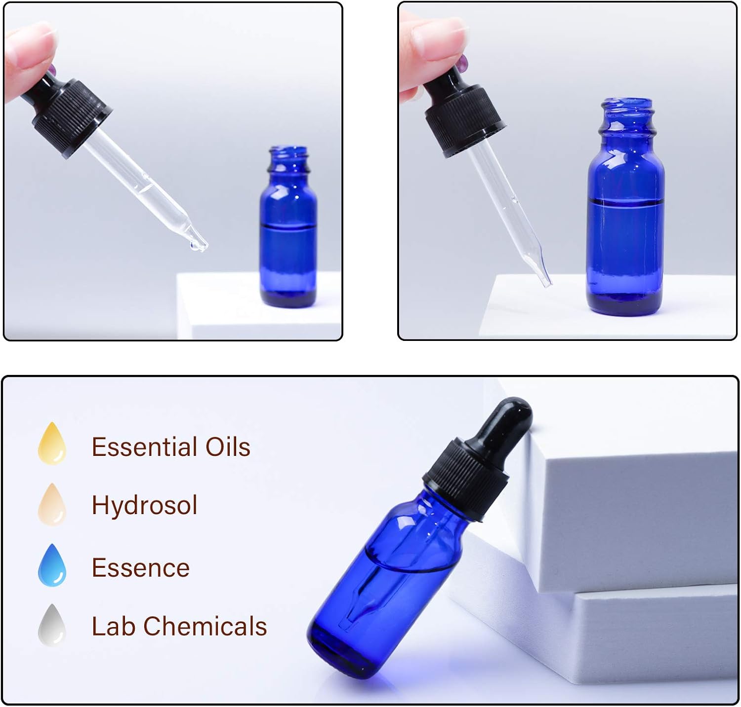 Paquete de 24 botellas de vidrio azul cobalto de 12 oz con cuentagotas de vidrio para aceites esenciales, perfumes y productos químicos de