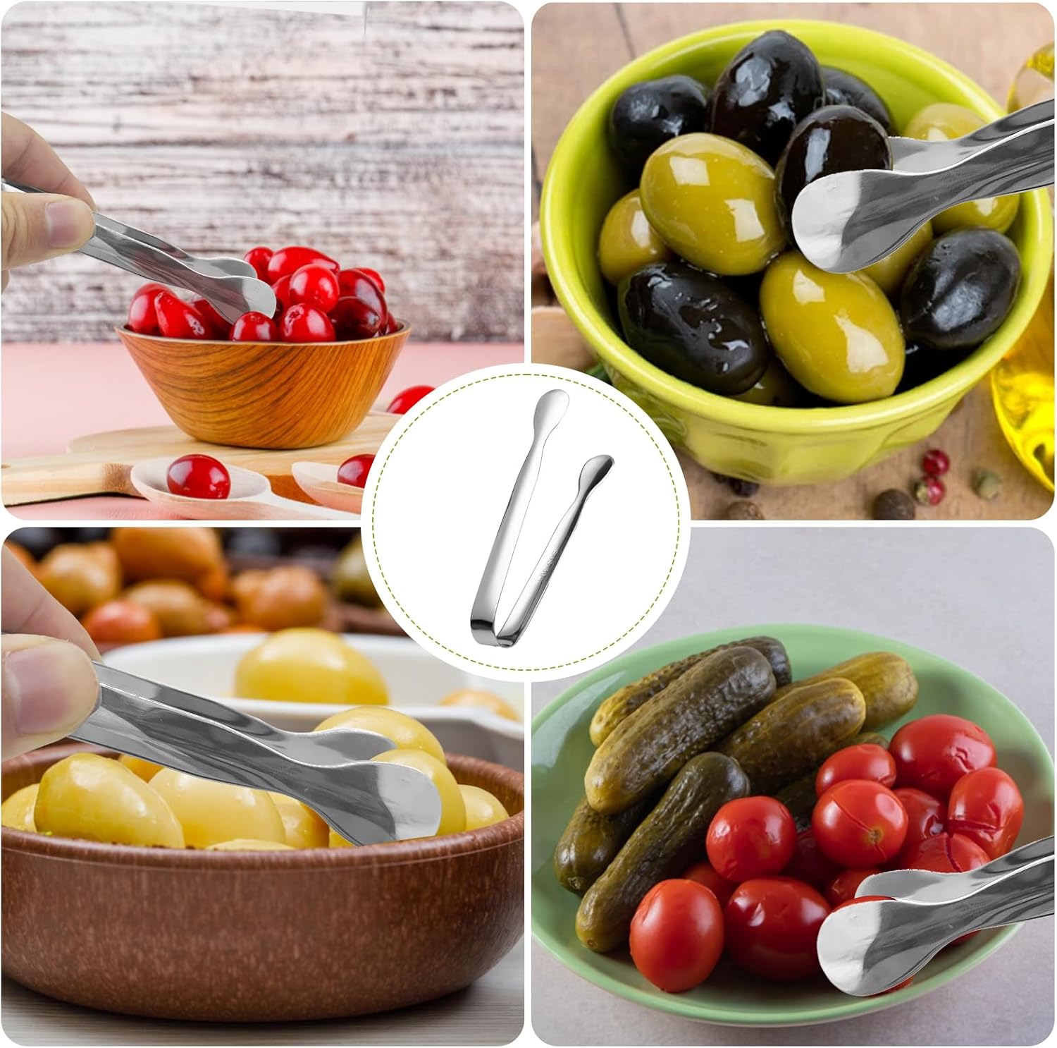 Juego de 6 pinzas para servir de cocina con mango largo, tenedor para pepinillos, cuchara de aceituna con orificio de drenaje, colador de acero