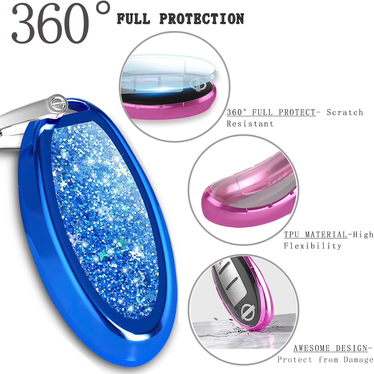 QBUC Funda para llavero Nissan, 3, 4, 6 botones, con llavero, llavero de repuesto (azul brillante)