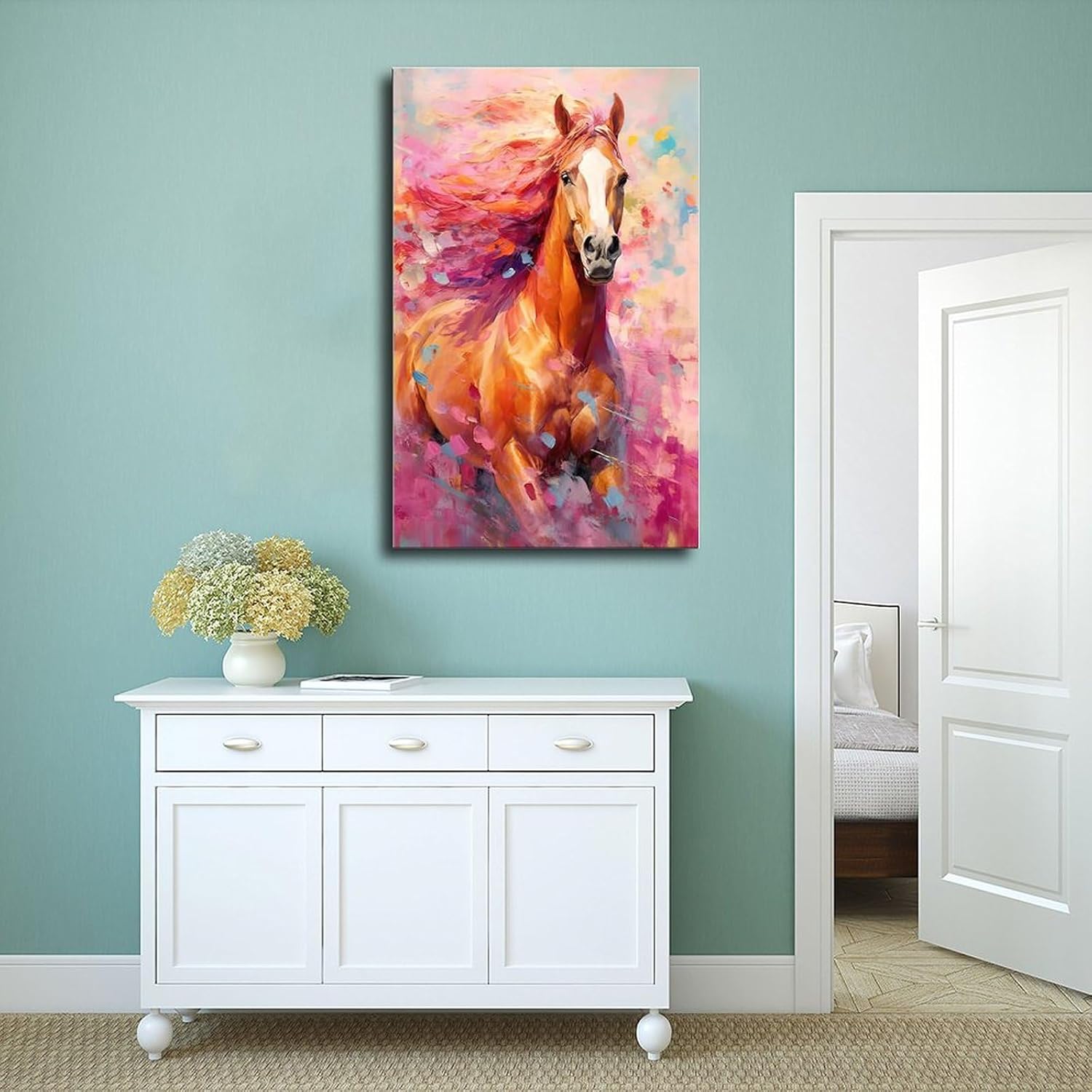 Fyzuf Arte de pared de caballo pintura al óleo sobre lienzo, póster de caballo cubismo colorido de caballos lindos caballos estéticos, póster de