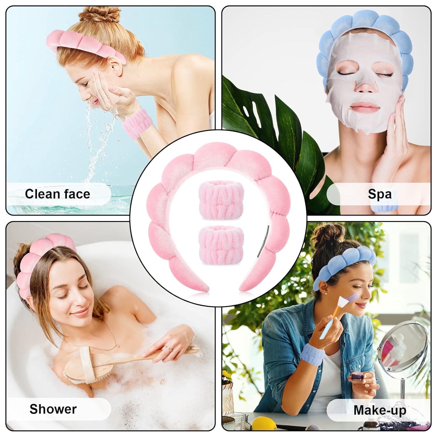 Diadema de esponja para spa, muñequera, bandas elásticas para lavado de cara, banda grande para el cabello de spa, toalla de lavado, muñequeras para
