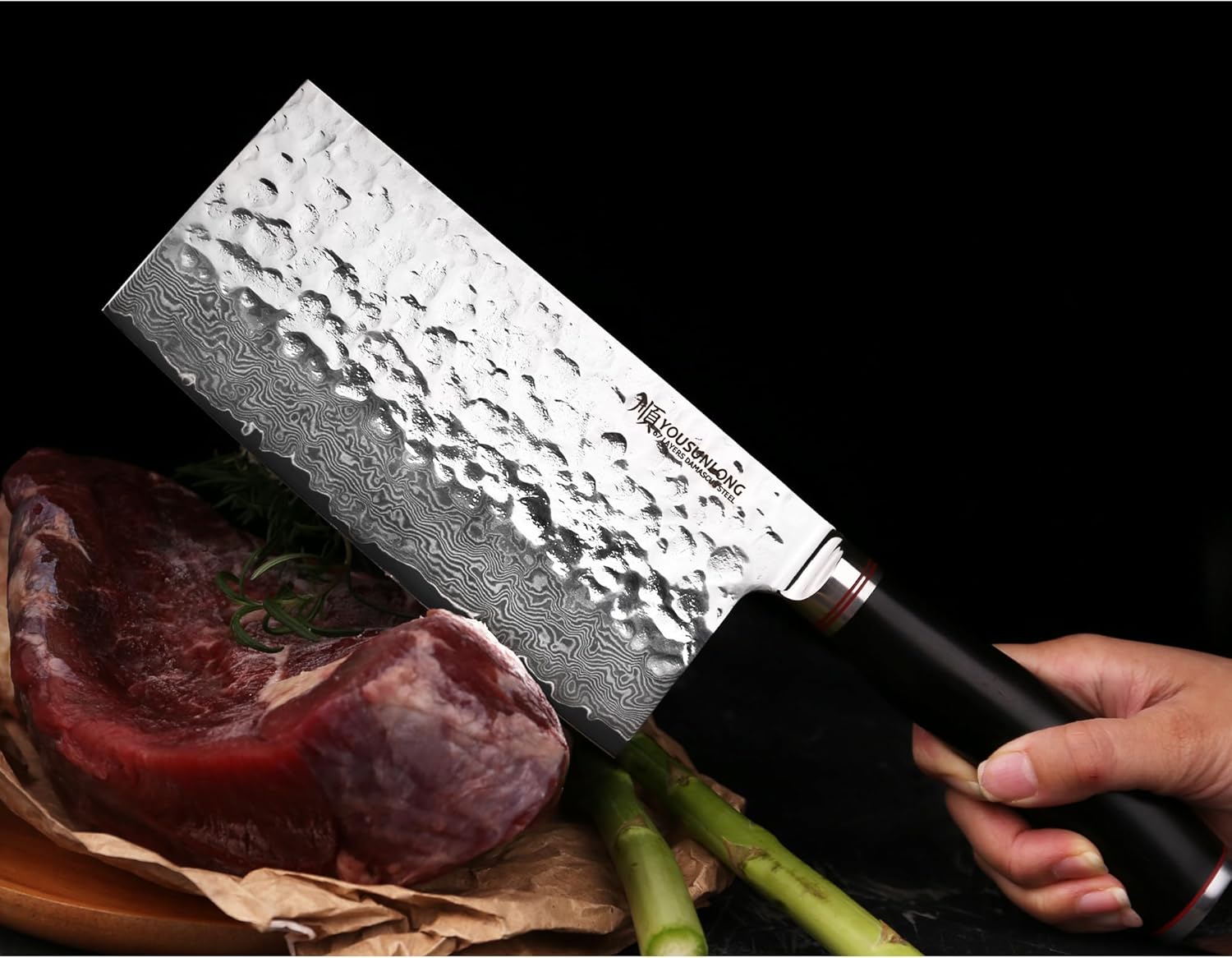 YOUSUNLONG Carne Cleaver – Cuchillo chino para verduras de 7 pulgadas, acero de damasco martillado japonés, mango de madera de plomo natural