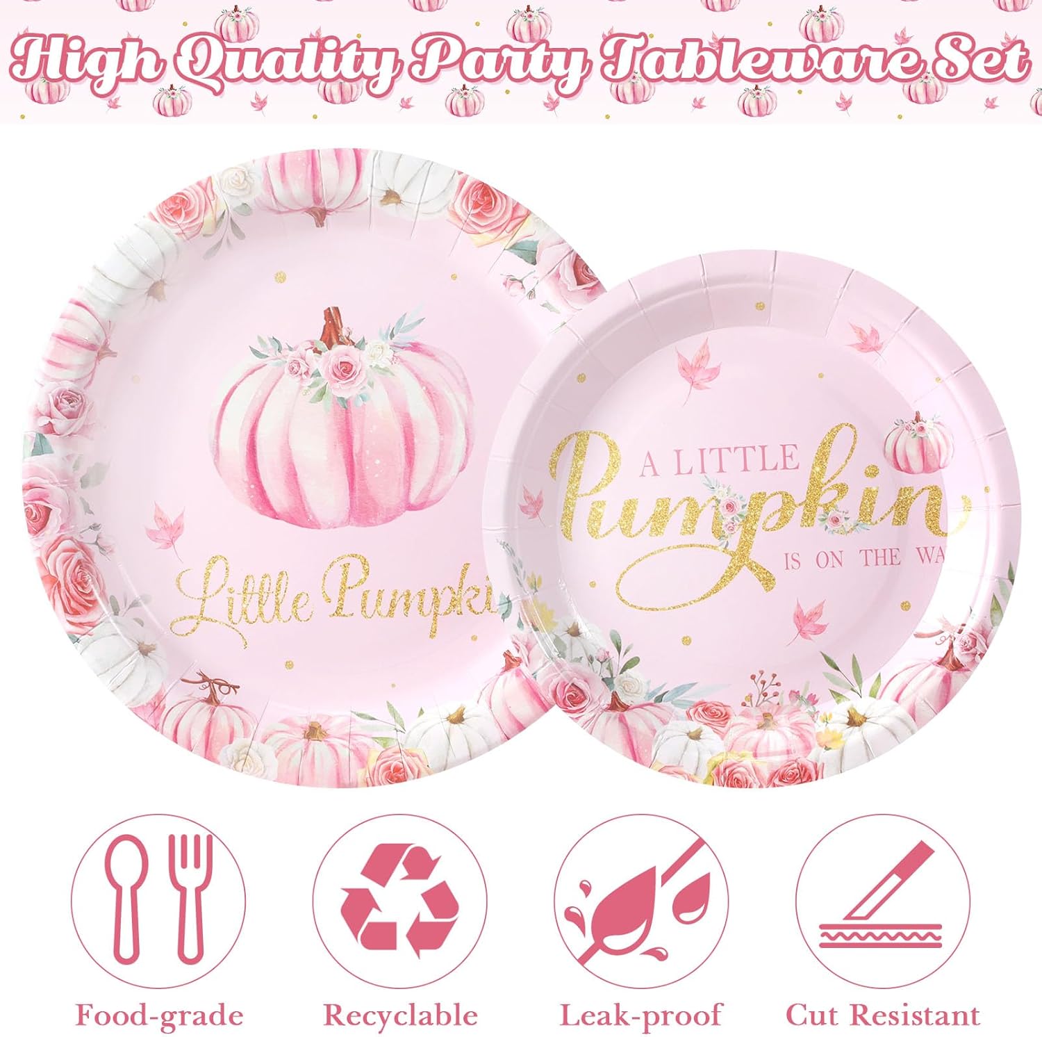 Tioncy Juego de vajilla de 150 piezas con diseño de calabaza pequeña, platos y servilletas para baby shower, color rosa, A Little Pumpkin is on The