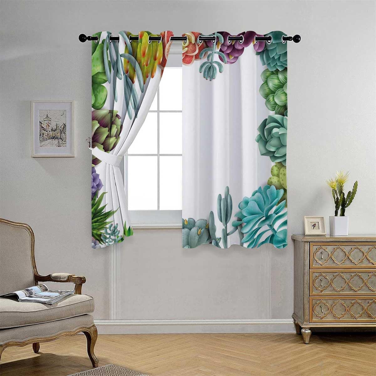 YANFENQI Grommet Blackout Curtains Succulent Grommet Short Door Curtain Cortinas para Ventanas De Cuarto 55Inch Width by 72Inch Length,2 Panels
