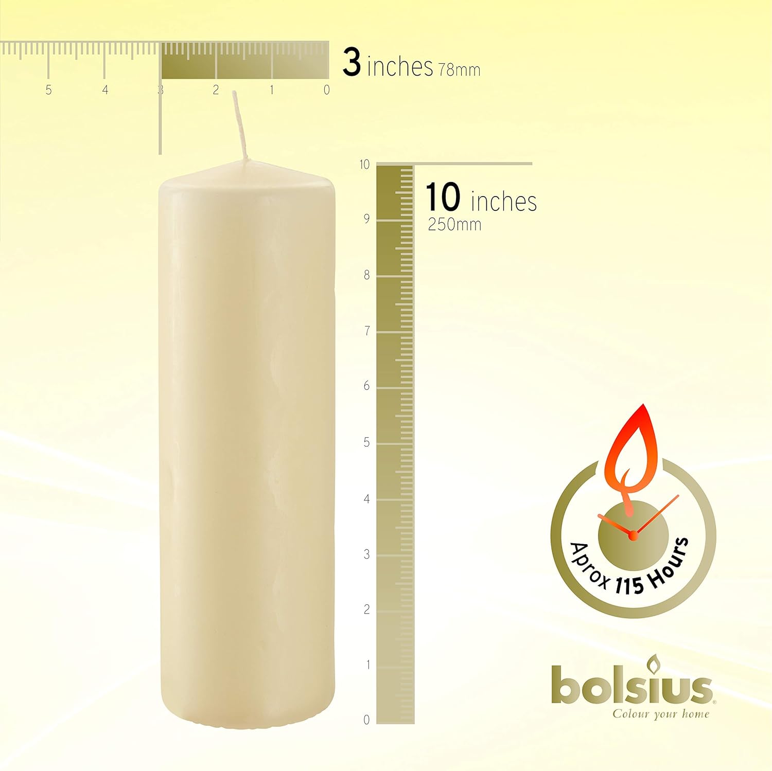 BOLSIUS Vela de pilar marfil grande  3 x 10 pulgadas  115 horas de tiempo de combustión  Calidad europea premium  Llama suave y sin humo  Relight