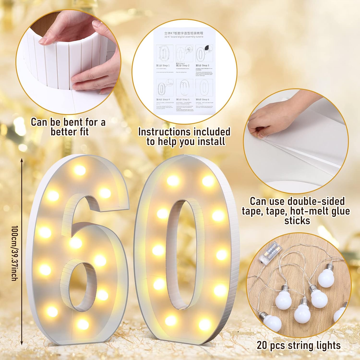 Retisee Juego de marcos de números de marquesina iluminados de 4 pies con mosaico gigante, decoración de fiesta con números de marquesina blanca