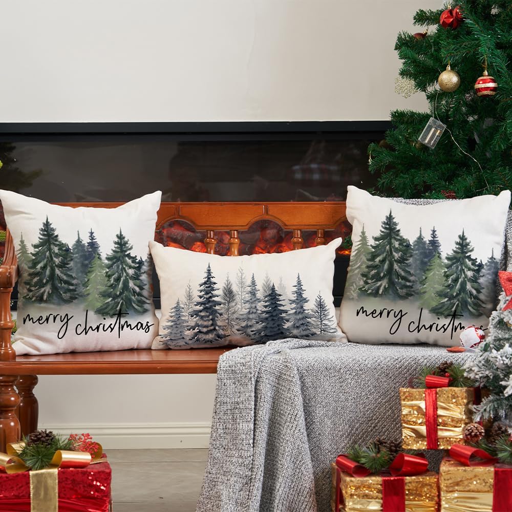 DFXSZ Juego de 2 fundas de almohada de Navidad de 16 x 16 pulgadas con acuarela, color azul, verde, árbol de Navidad, decorativas, blancas,