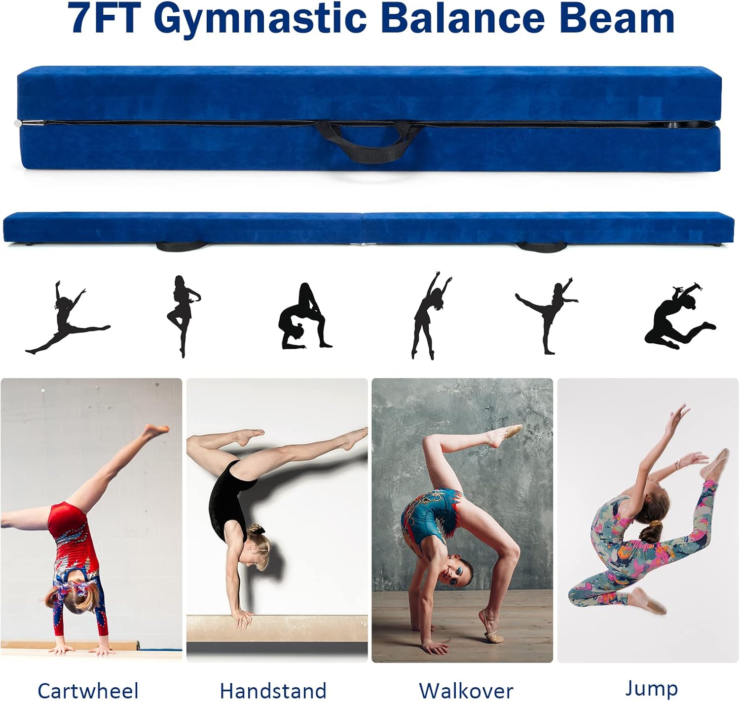 GYMAX Haz de equilibrio, viga de gimnasia plegable de 7 pies con asa de transporte, cubierta de gamuza sintética y base de madera maciza, viga de