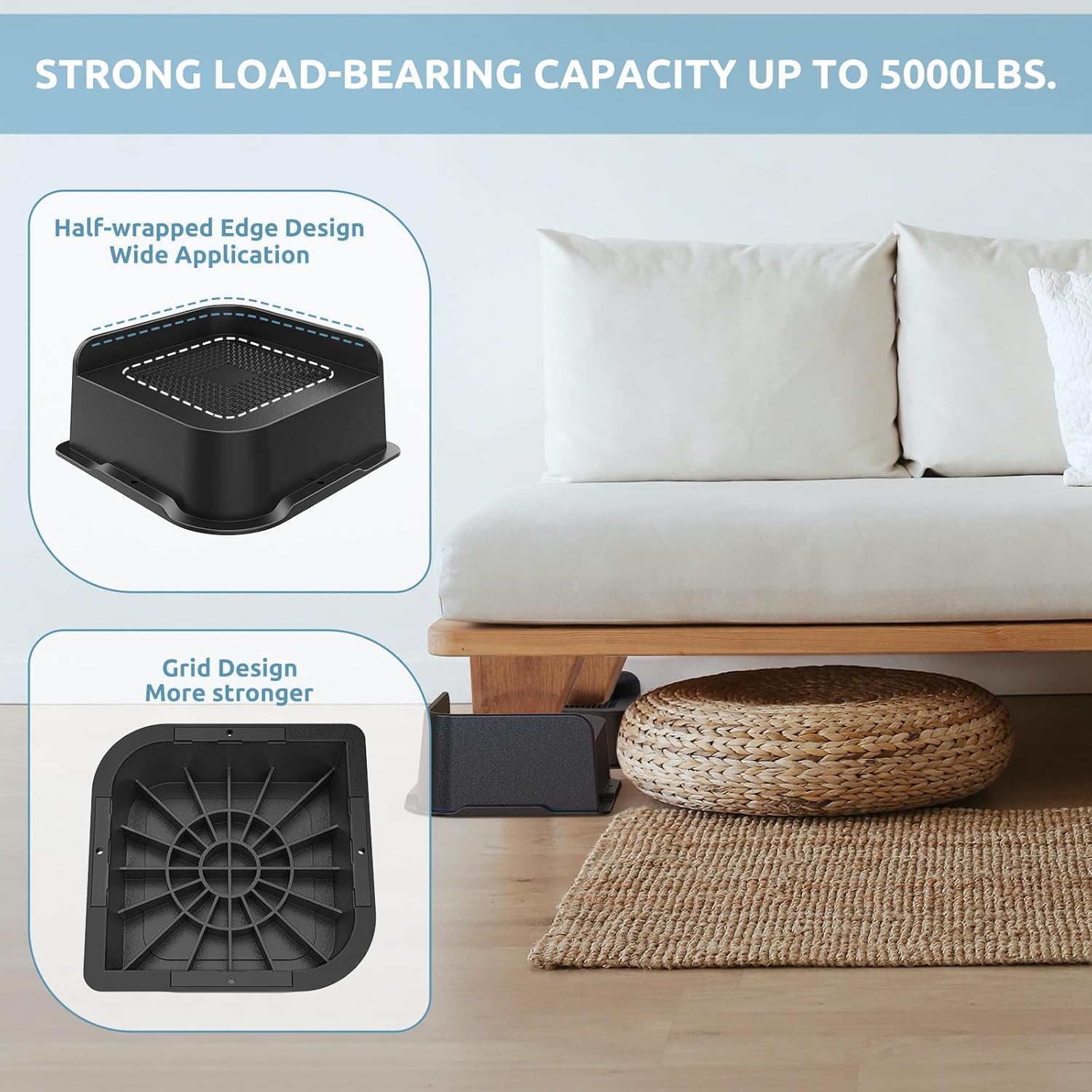 Elevadores de cama de 2 pulgadas, resistentes, 4.8 x 4.8 pulgadas de ancho en forma de L, elevadores de cama de gran tamaño, soportan hasta 5000