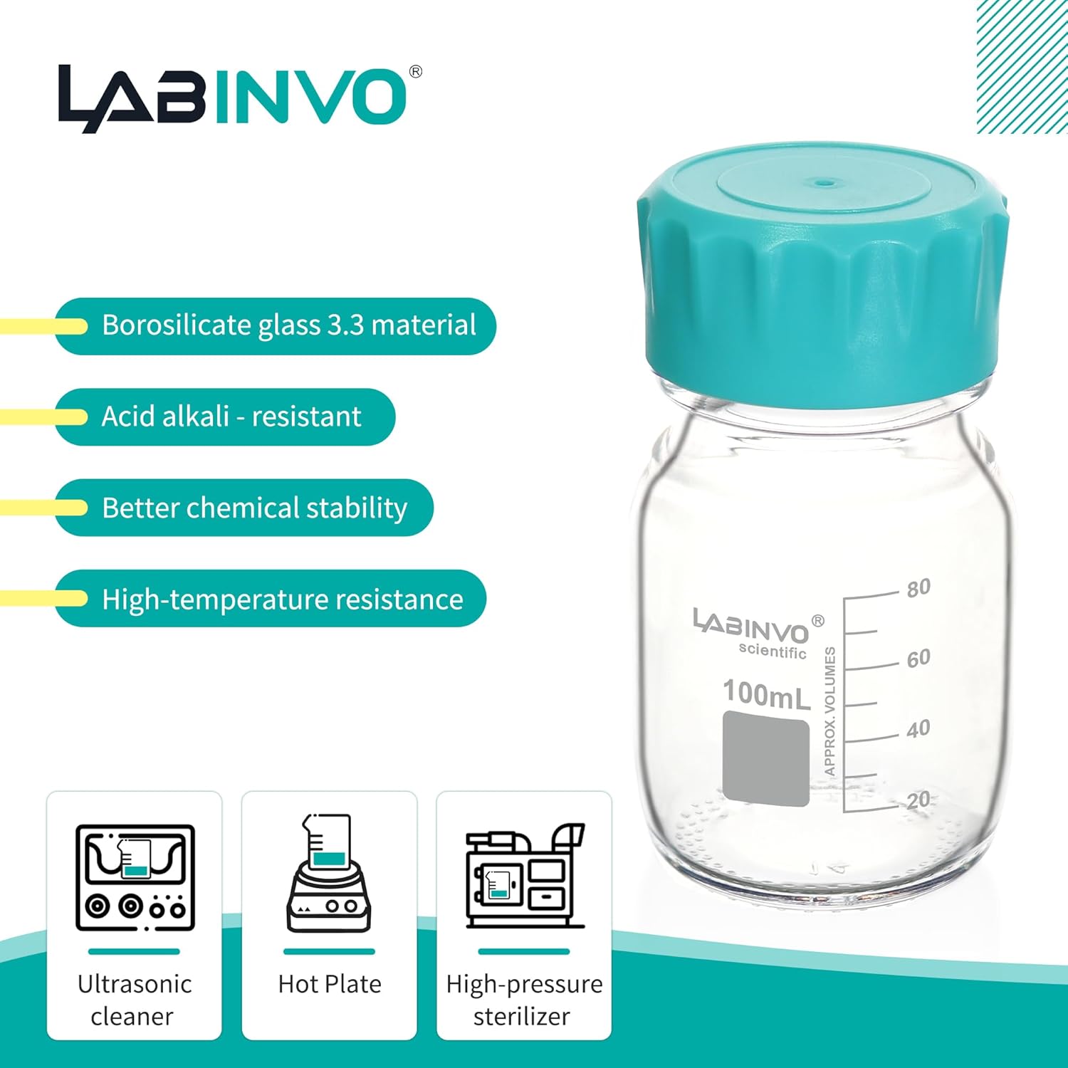 Botellas redondas de vidrio, 12 piezas de botella de almacenamiento de reactivo de vidrio de borosilicato vol.3.4 fl oz con tapón de rosca GL45,