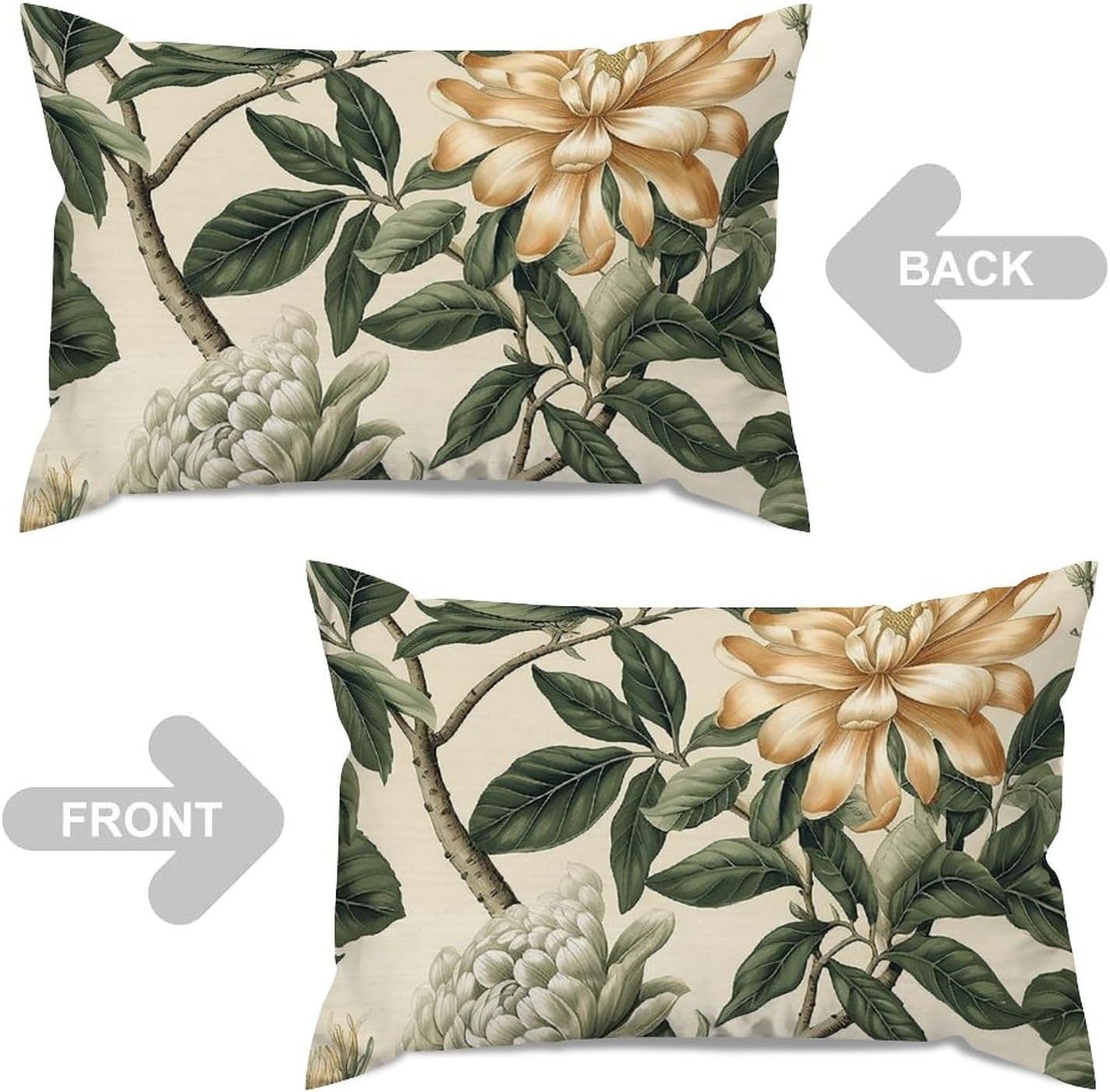 Green and White Chinoiserie Floral Rectangular Cushion Cover Set of 2 Chinese Style Throw Pillowcase 12x18in Decorative Pillow Home Cotton Linen