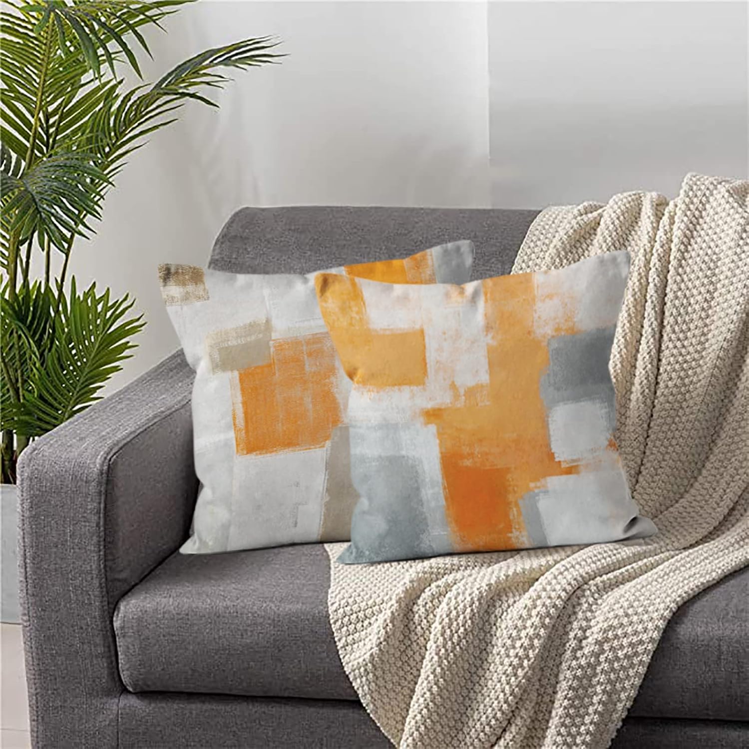 BBKD Juego de 4 fundas de almohada de arte abstracto naranja y gris de 16 x 16 pulgadas, color naranja y gris, funda de cojín decorativa moderna
