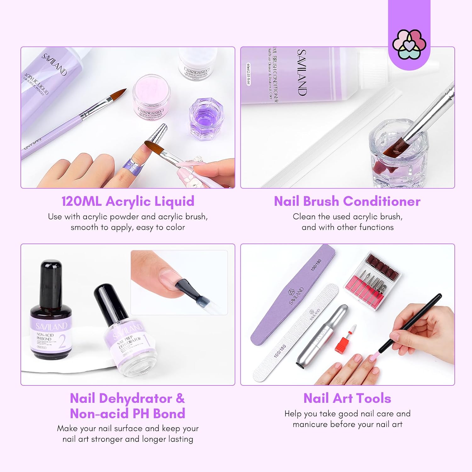 SAVILAND Kit de uñas acrílicas para práctica de uñas, 3 colores de polvo acrílico y 4.1 fl oz de líquido acrílico con cepillo acrílico para