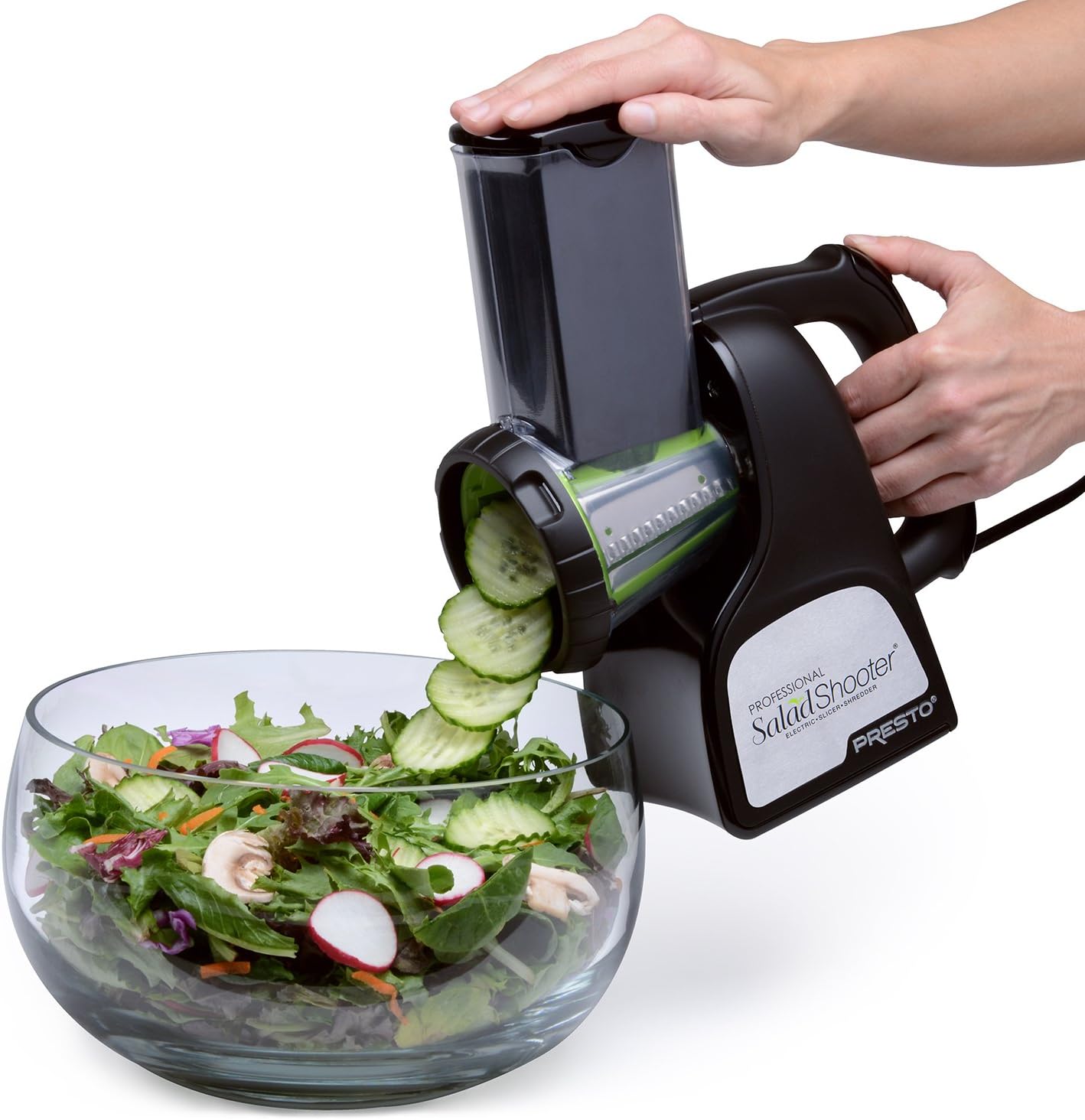 Presto 02970 Professional SaladShooter – Cortadoratrituradora eléctrica, color negro, 1 unidad y plancha eléctrica inclinable y plegable 07073, 19%
