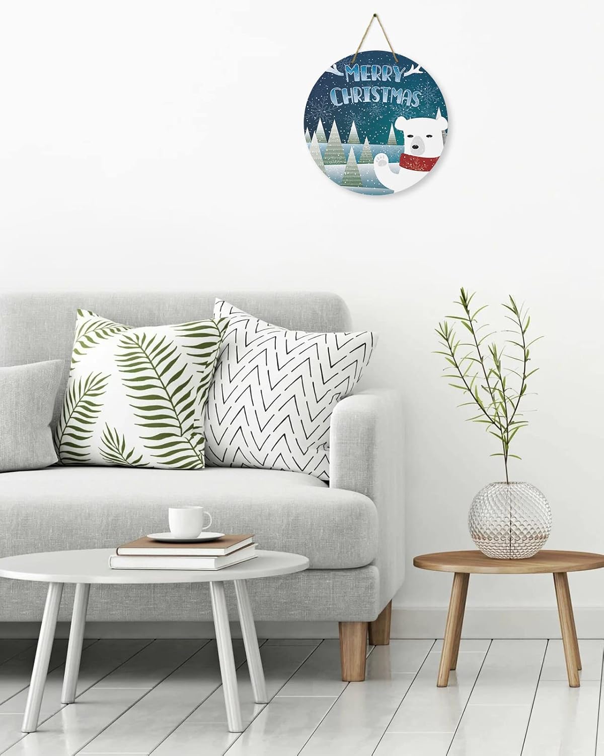 Letrero de bienvenida para puerta delantera, porche, frontones de pared, cuernos de Navidad, oso polar, corona de 10 pulgadas, letrero redondo de